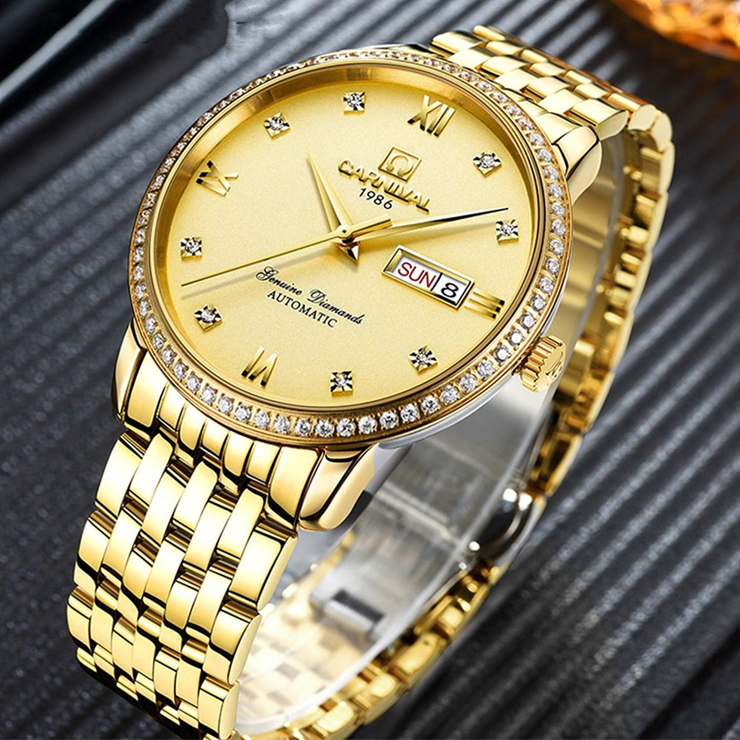Luxury Automatic Men's Watch with Crystal Diamond Accents, Gold Two-Tone Stainless Steel Band, Date Display - Perfect for Business, Formal Events & Gifting
