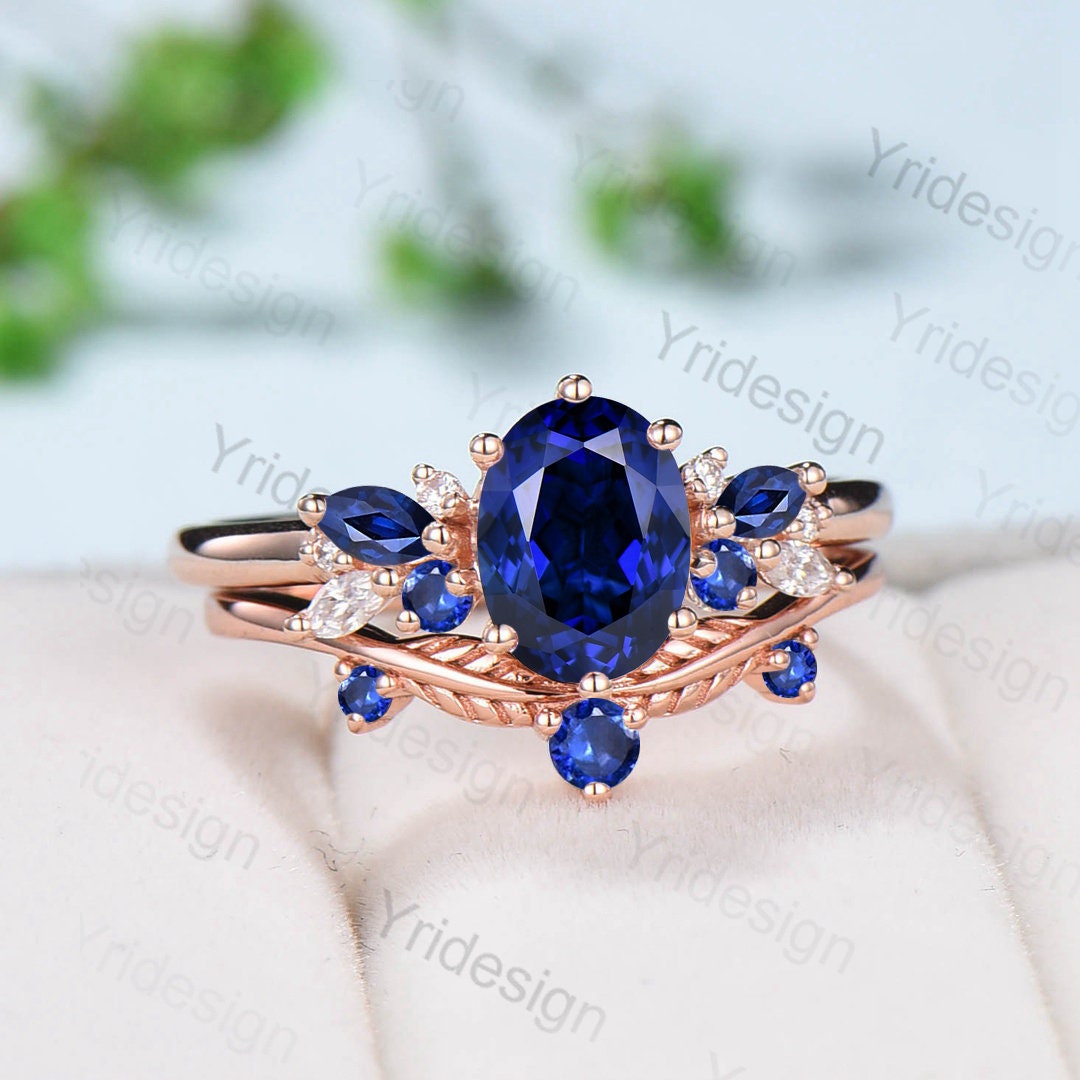 Oval Sapphire Wedding Ring Set in Rose Gold - Unique Vintage Stacking Engagement Ring with Natural Sapphire - Perfect Proposal Gift for Women - Ideal for Weddings, Anniversaries & Romantic Occasions