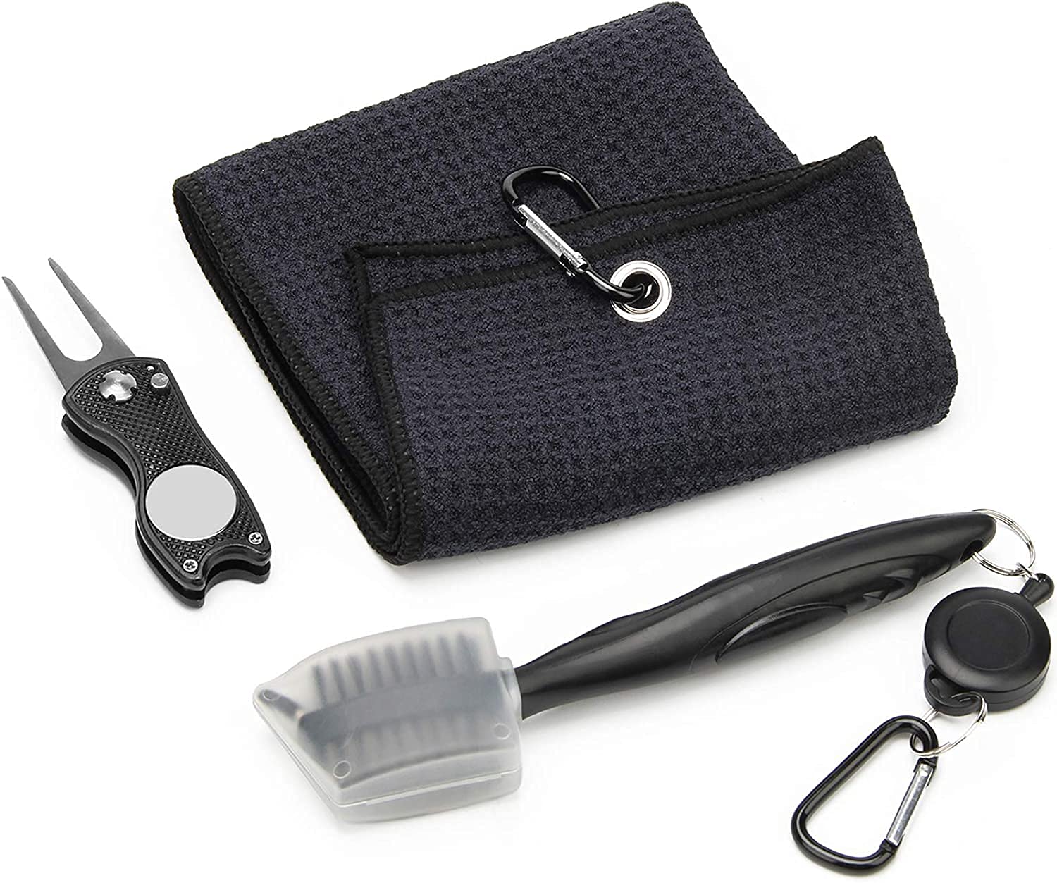 Premium Golf Towel Kit with Stainless Steel Brush & Foldable Divot Tool - Microfiber Waffle Golf Towel for Ball Cleaning - Perfect for Golf Course, Driving Range & Practice Sessions