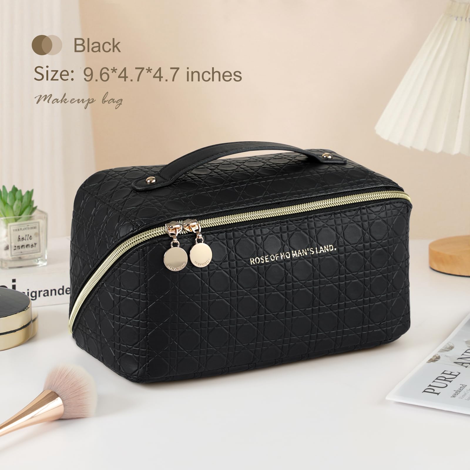 Large Capacity Waterproof Travel Makeup Bag for Women - PU Leather Cosmetic Organizer with Divider, Portable Toiletry Case (Black) | Perfect for Air Travel, Gym, Vacation & Daily Use