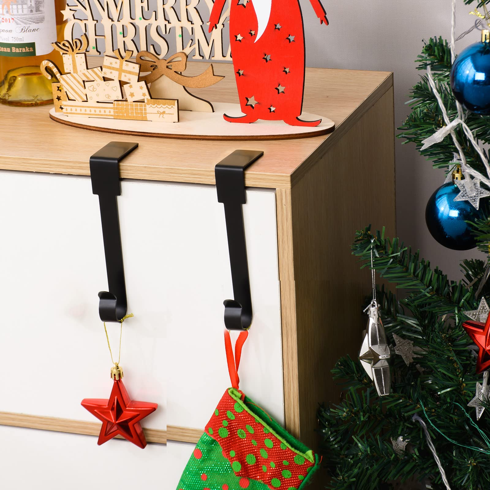 Christmas Stocking Holders - 8 Pack Black Fireplace Mantel Hooks for Holiday Decorations - Perfect for Christmas Tree, Fireplace, and Home Decor