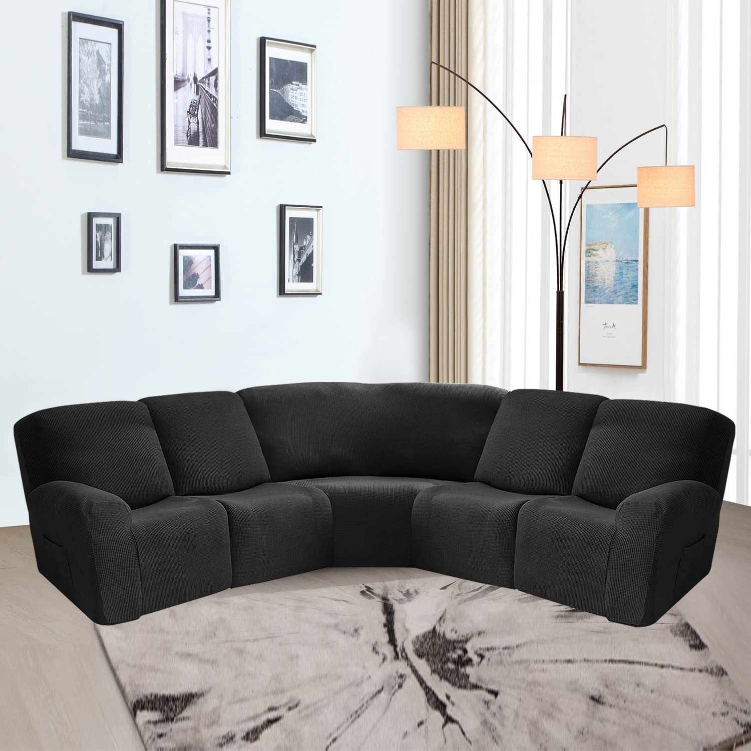 MIFXIN 5-Seat Recliner Sofa Cover Set - 7-Piece Jacquard Stretchable Soft Fabric Slipcover for L-Shaped Sectional Couch - Furniture Protector (Black) - Perfect for Living Room, Home Theater & Family Gatherings