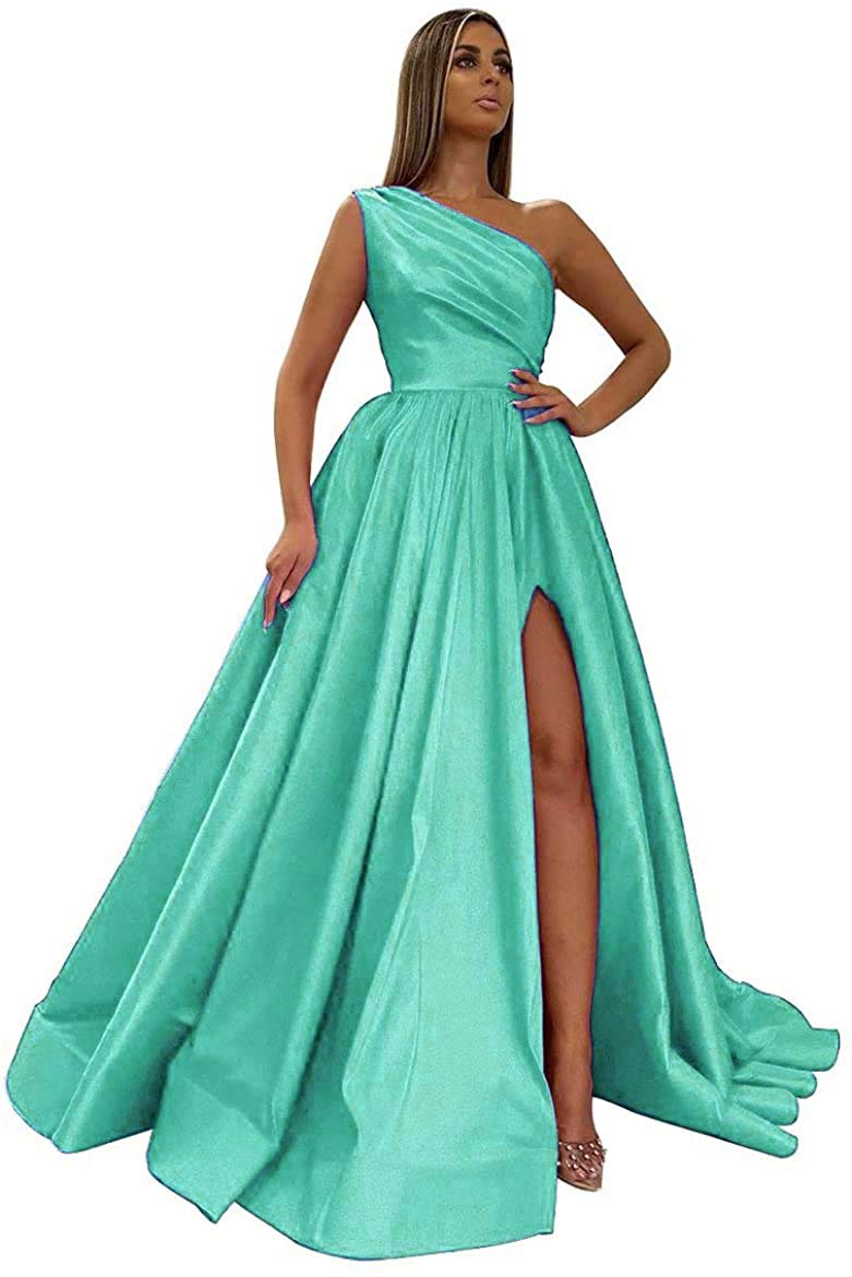 Elegant One Shoulder Prom Dresses for Women - Satin Long Formal Evening Gown with Side Slit - Perfect for Homecoming, Prom Night, Wedding & Cocktail Parties