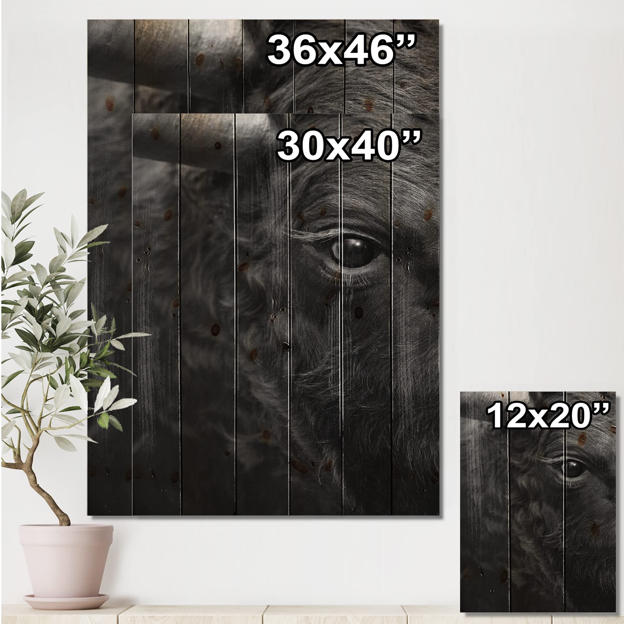 Farmhouse Wood Wall Decor - Bull Eye Design Black Wood Wall Art, Large Animal Print on Natural Pine Wood Panel for Living Room, Bedroom & Office