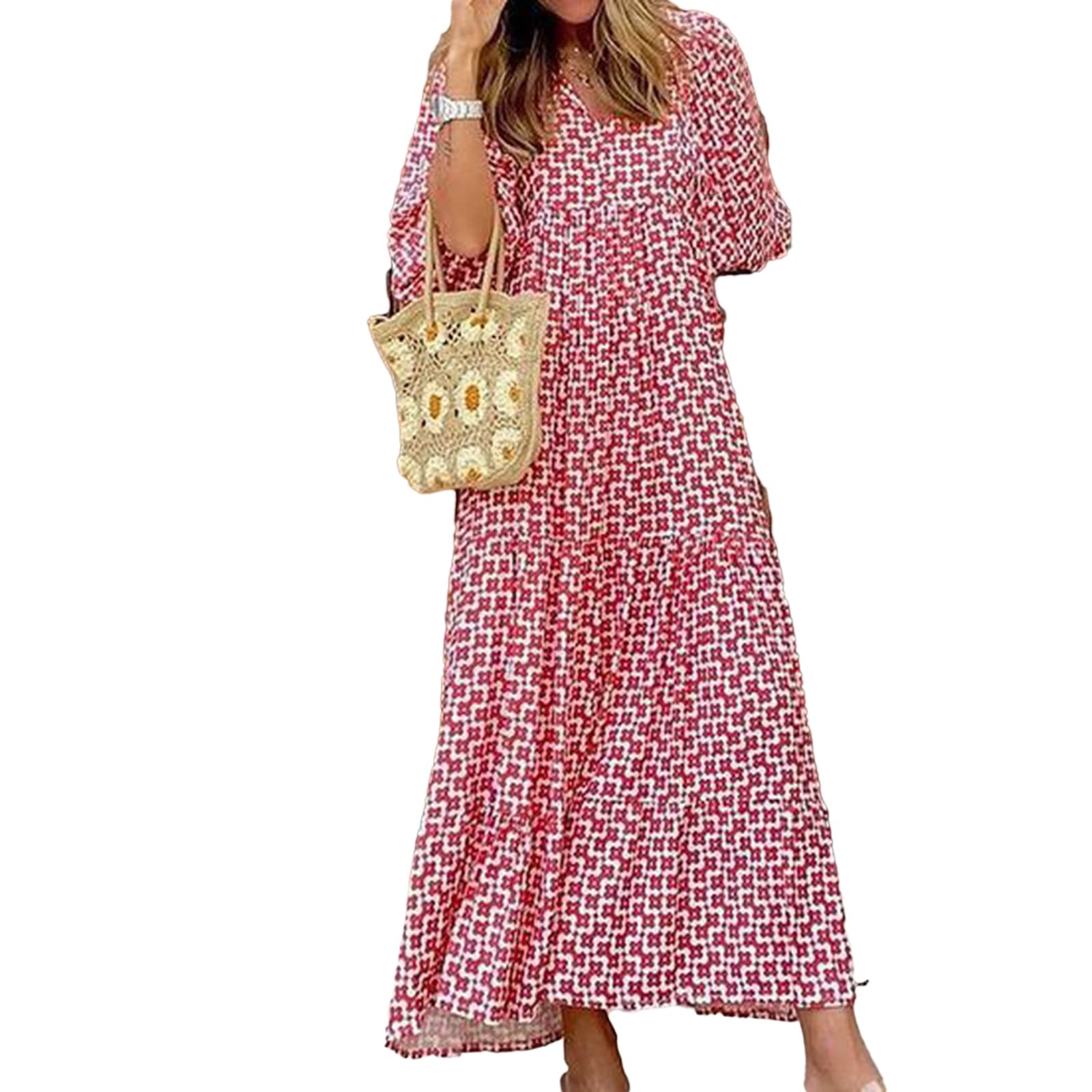 NUFIWI Women's Summer Boho Floral Print Short Puff Sleeve V-Neck Maxi Dress - Smocked Waist Tiered Flare Sundress for Beach Vacation, Music Festival & Casual Outings