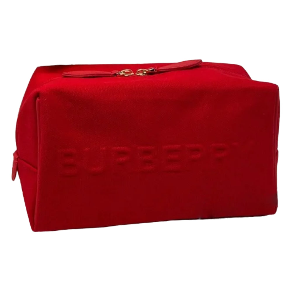 Burberry Embossed Red Leather Cosmetic Bag - Luxury Makeup Pouch for Travel & Everyday Use | Women's Designer Toiletry Case for Cosmetics & Skincare Essentials