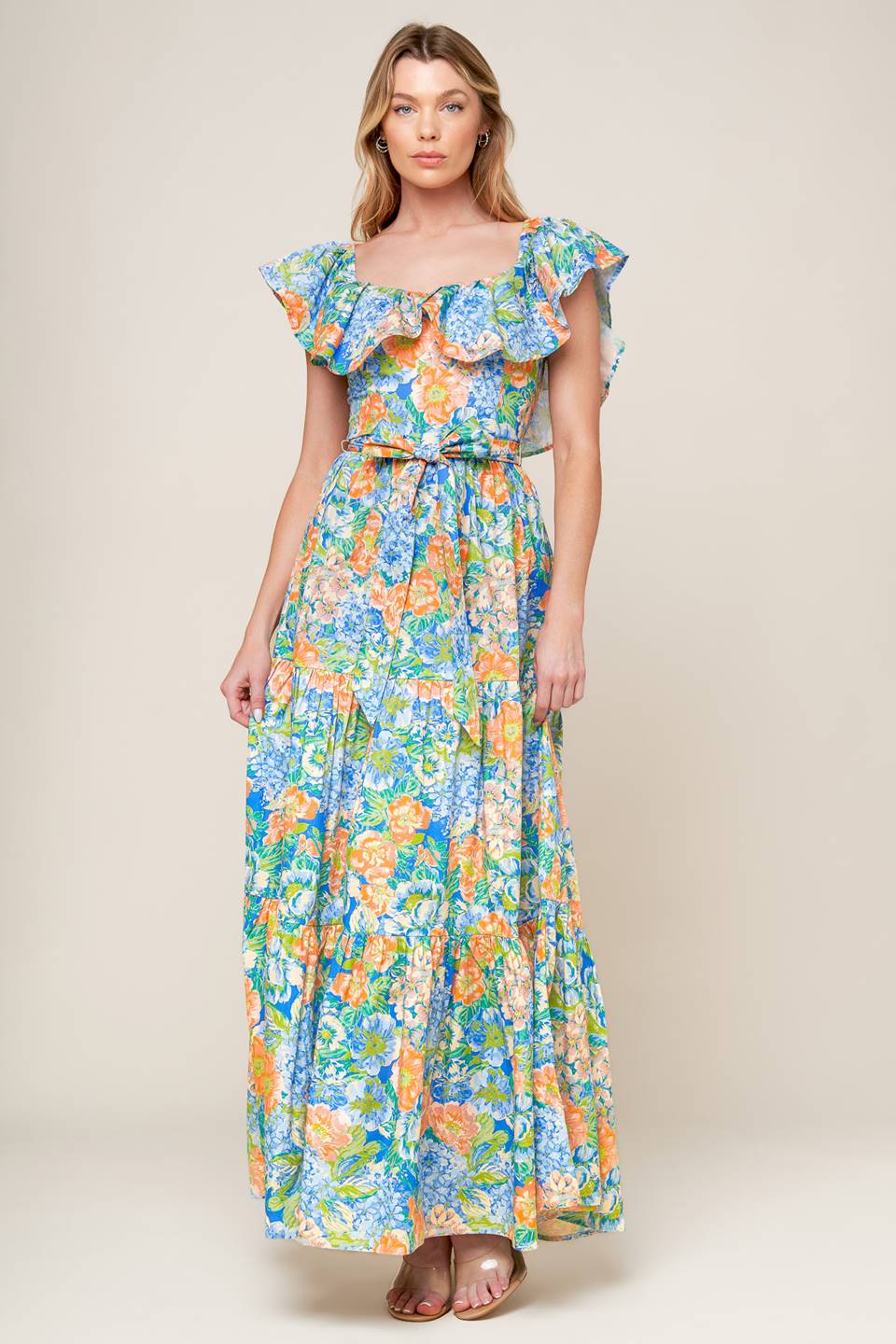 Elegant Coral & Powder Blue Maxi Dress for Women - Perfect for Garden Parties, Weddings & Summer Outings