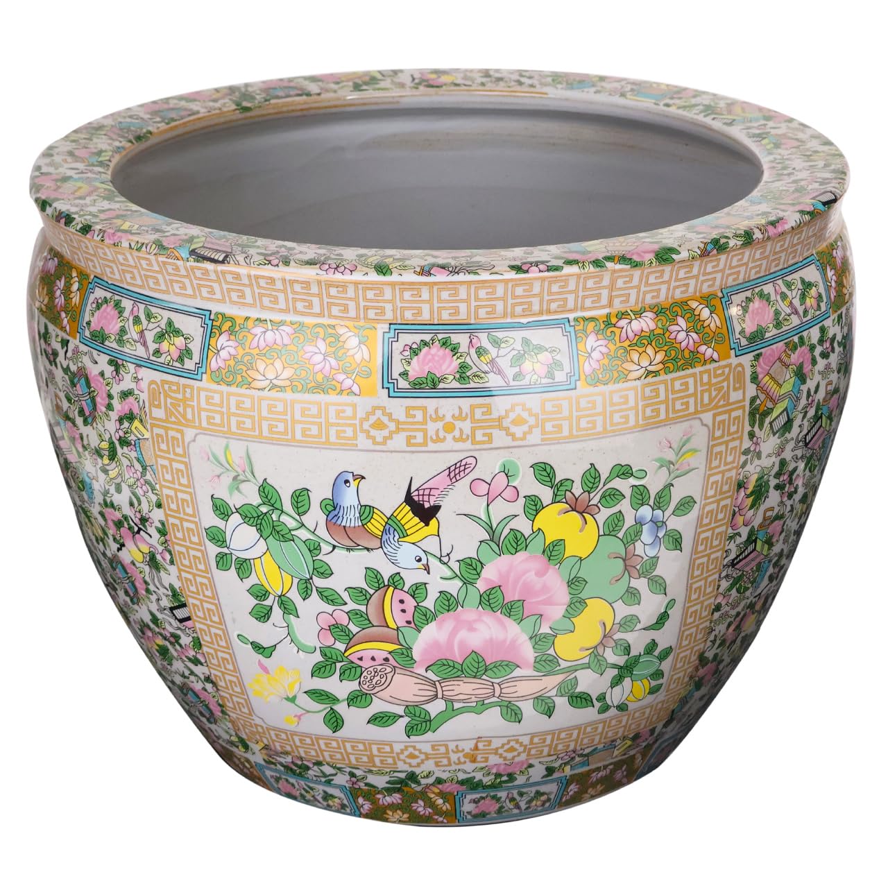 Large Porcelain Floral Rose Medallion Fish Bowl Cachepot Planter - Elegant Home Decor for Flowers, Plants & Centerpieces | Perfect for Living Room, Dining Table & Garden Decor