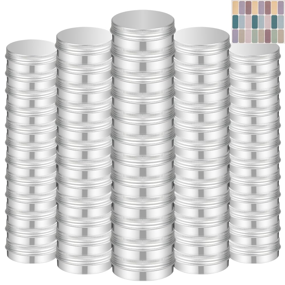 24 Pack 4oz Wide Mouth Aluminum Tin Cans with Lids - Durable Round Metal Tins for Spices, Candles, Salves & DIY Crafts - Includes Labels - Perfect for Kitchen Storage, Homemade Gifts & Craft Projects (Silver)