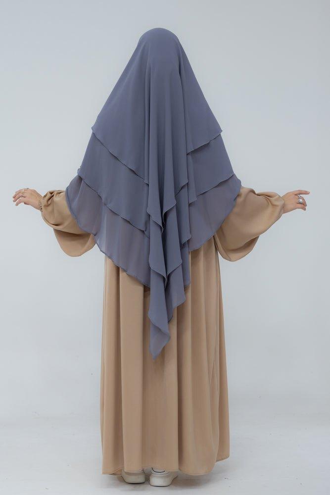 Munawara Gray Blue 3-Layer Chiffon Khimar Hijab Niqab - Lightweight & Breathable for Daily Wear, Prayer, and Special Occasions