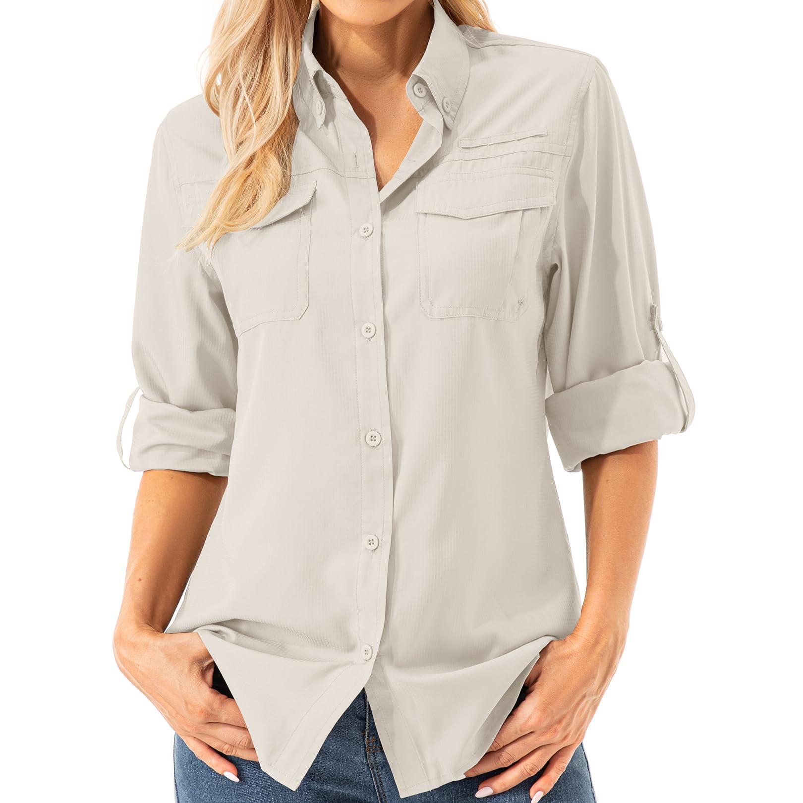 Women's UPF 50+ Safari Shirt - Long Sleeve Sun Protection for Hiking & Fishing