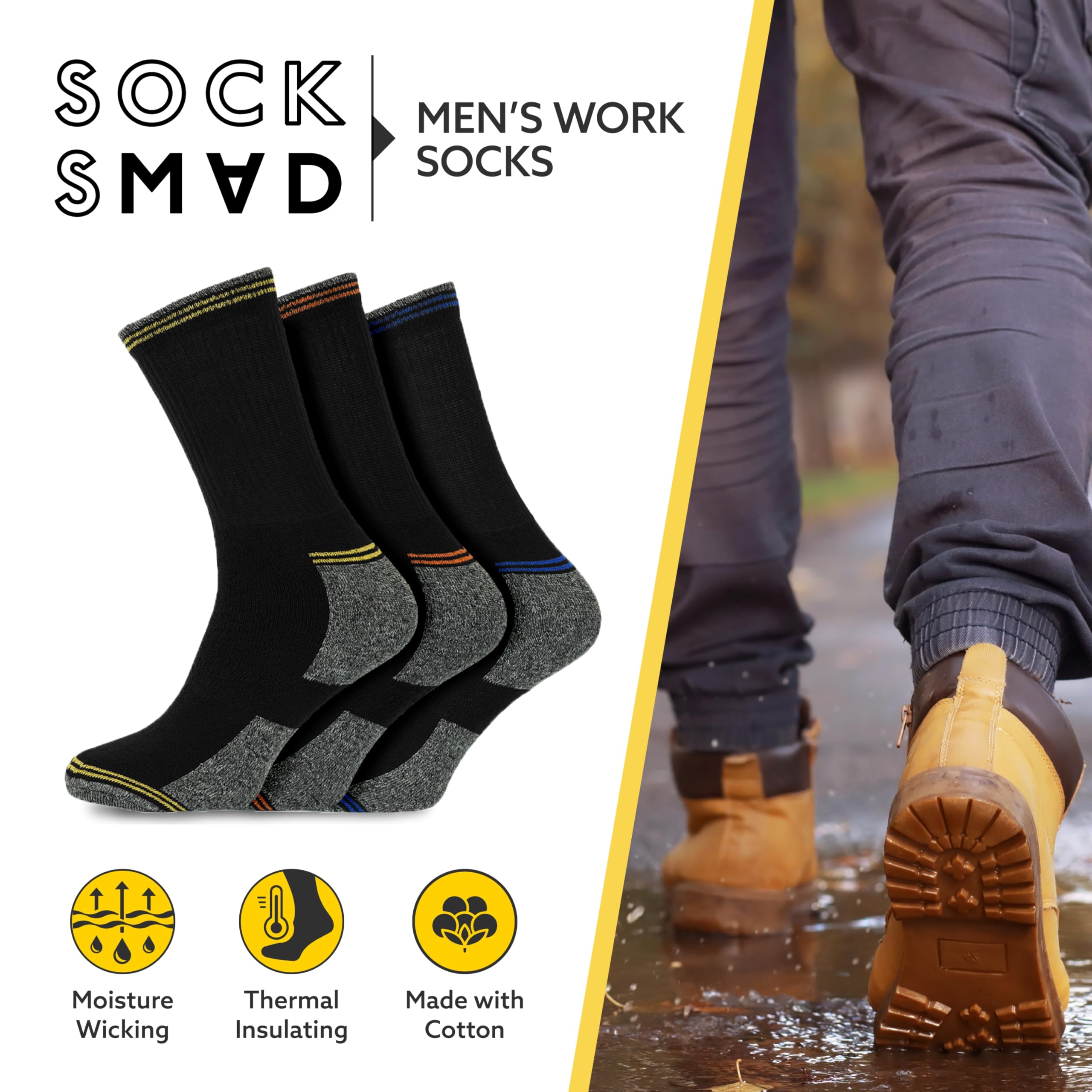 Socksmad 12 Pack Men's Work Socks - Thick Thermal Winter Boot Socks for Men - Heavy Duty Comfort & Warmth - Perfect for Construction, Hiking & Outdoor Work