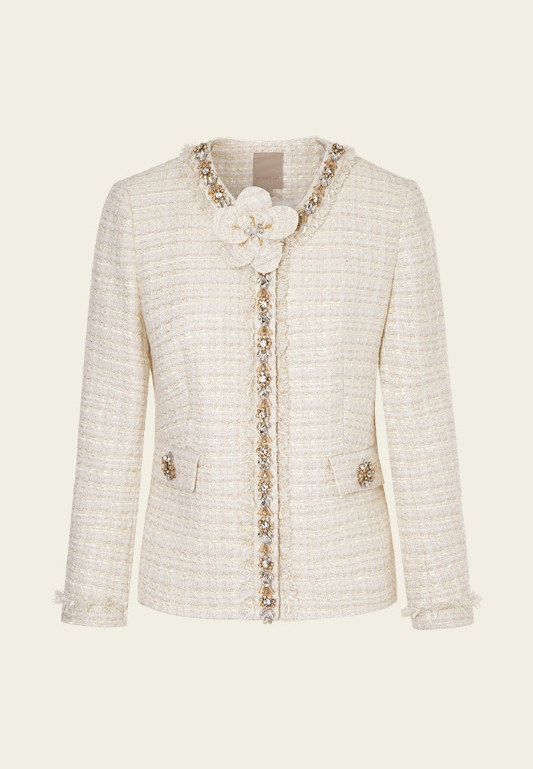 Embellished Trim Frayed Detail Flap Pocket Jacket - Stylish Women's Outerwear for Casual Outings & Fall Fashion