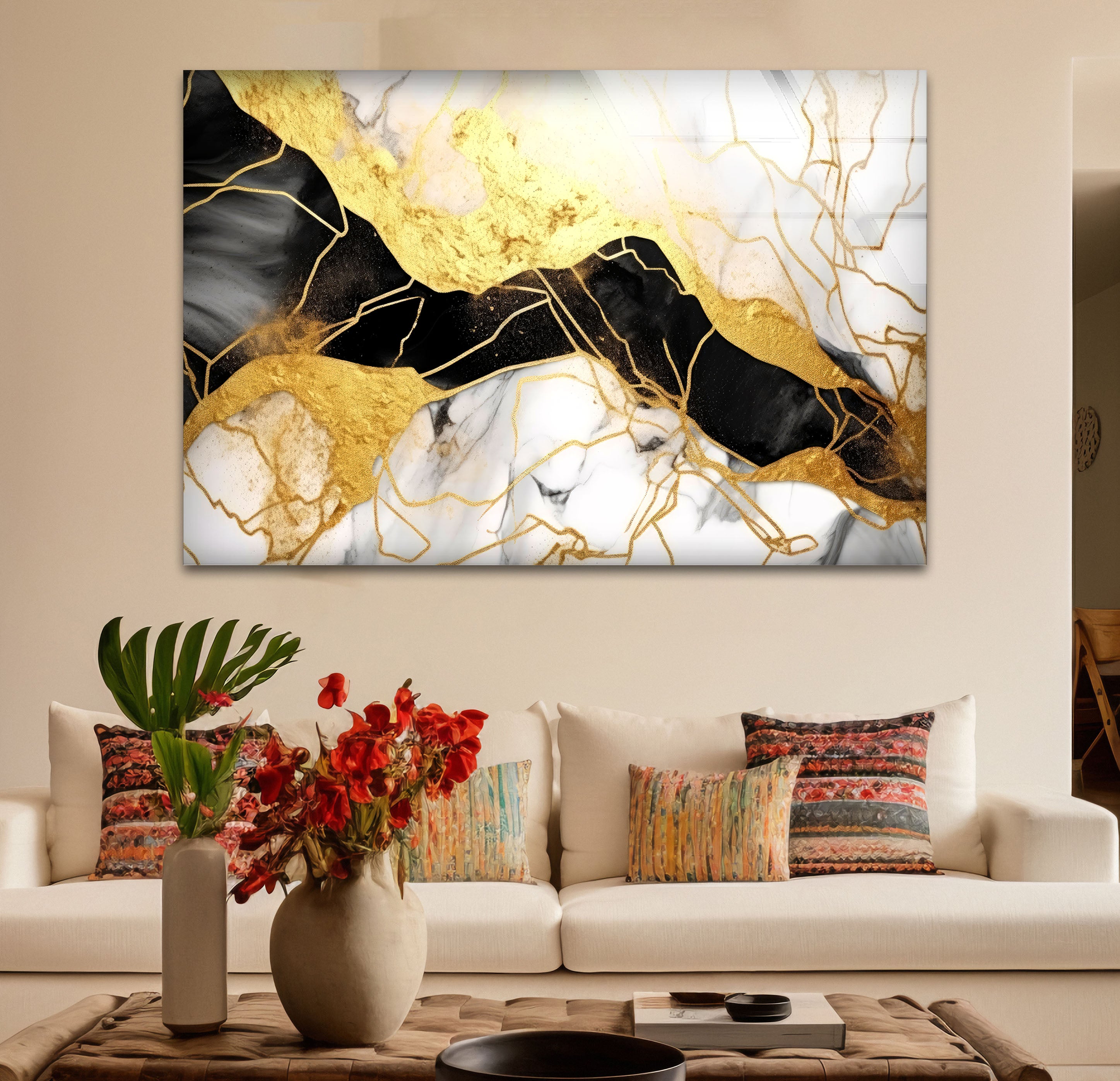 Luxury Black Gold Marble Wall Art - Abstract Glass Print for Modern Home & Office Decor | Elegant Living Room, Bedroom, Dining Room Wall Decor