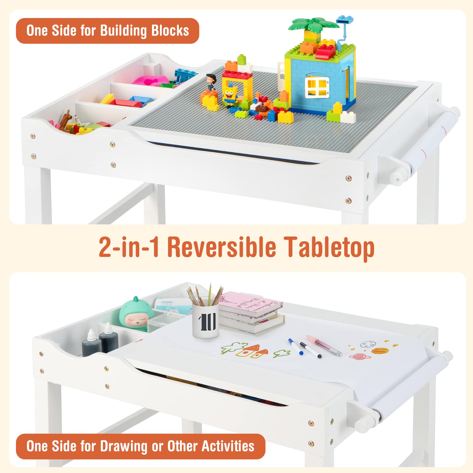 Costzon Kids Activity Table - 3-in-1 Wooden Building Block Desk with Storage, Paper Roll & Reversible Top for Toddlers | Arts & Crafts, Drawing, Reading & Play | Perfect Gift for Boys & Girls (White) - Ideal for Preschool Learning, Creative Play & Home Classroom Activities
