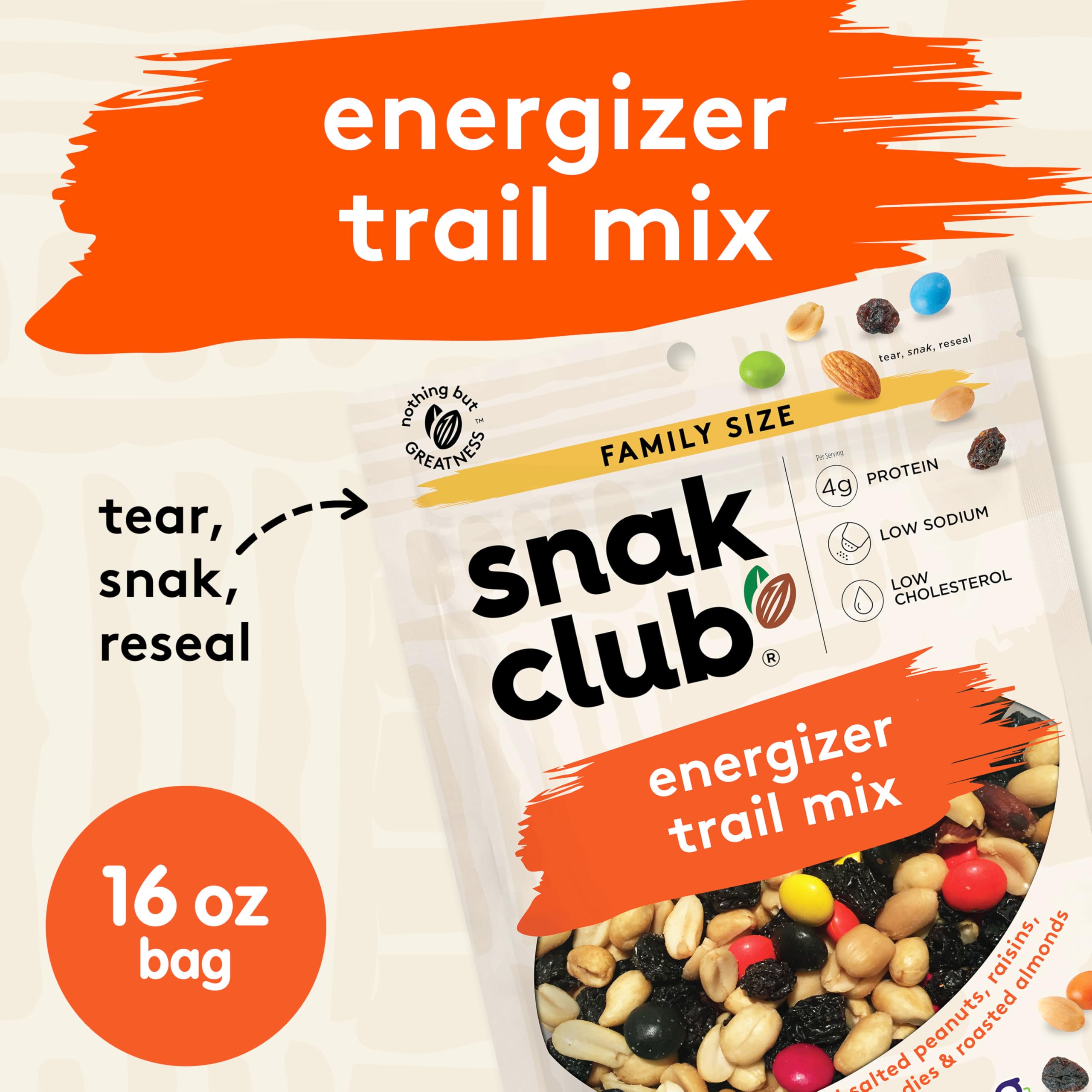 Snak Club Energizer Trail Mix - Roasted Salted Peanuts, Raisins, Chocolate Candies & Almonds - Gluten-Free, Kosher Snack - 16oz Resealable Bag - Perfect for Hiking, Camping & Office Snacks