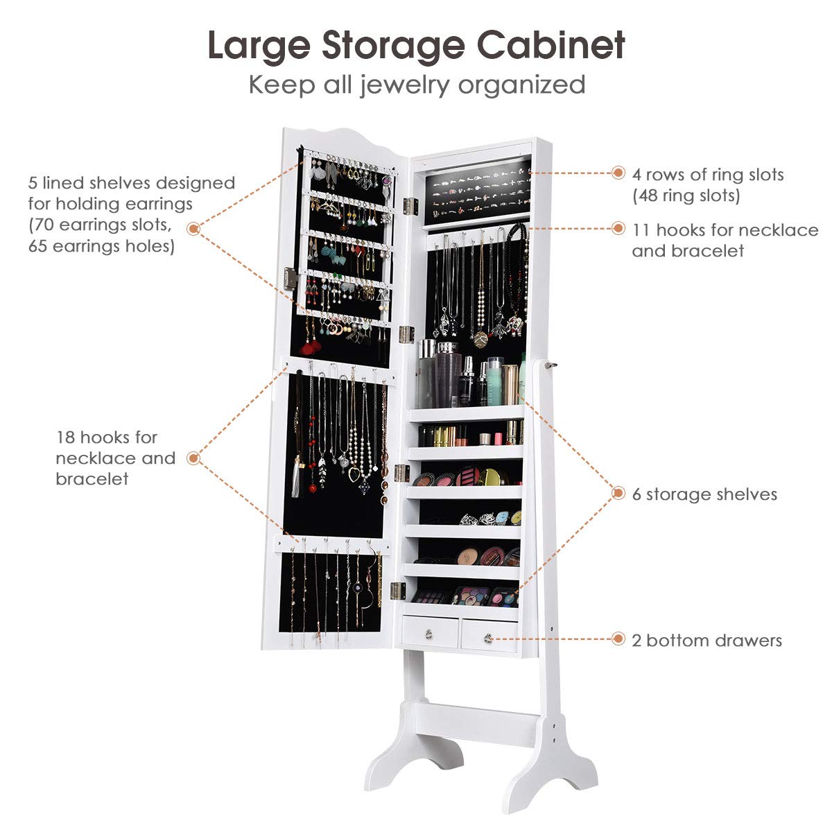 Giantex Floor Standing Jewelry Armoire Organizer with Full Length Mirror - 14 LED Lights, 2 Drawers, 4 Adjustable Angles & Lockable Storage - White Jewelry Cabinet for Bedroom, Closet & Dressing Room