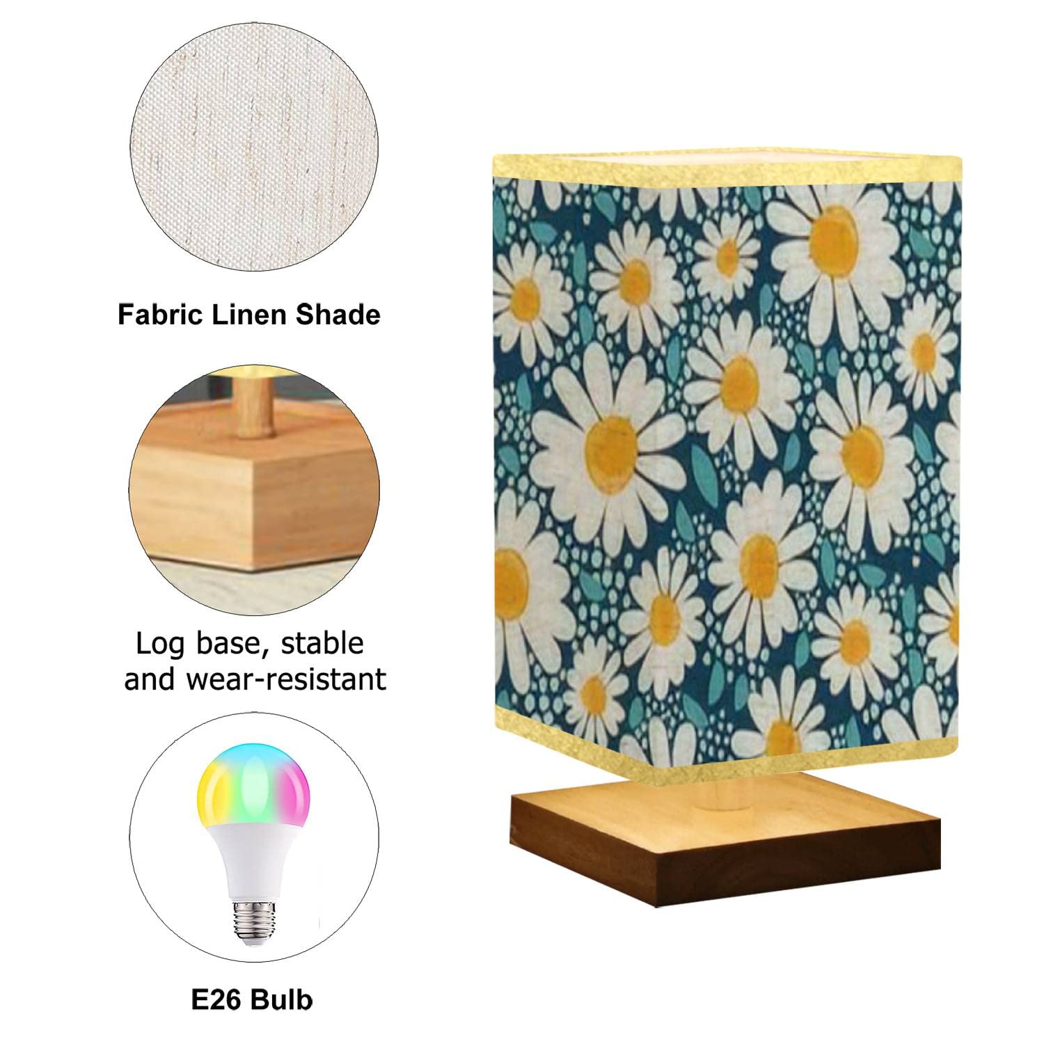 Handmade Wooden Base Flaxen Fabric Shade Table Lamp with Chamomile Floral Print - Dimmable Nightstand Lamp for Bedroom, Living Room & Office - Perfect for Reading, Relaxing and Home Decor