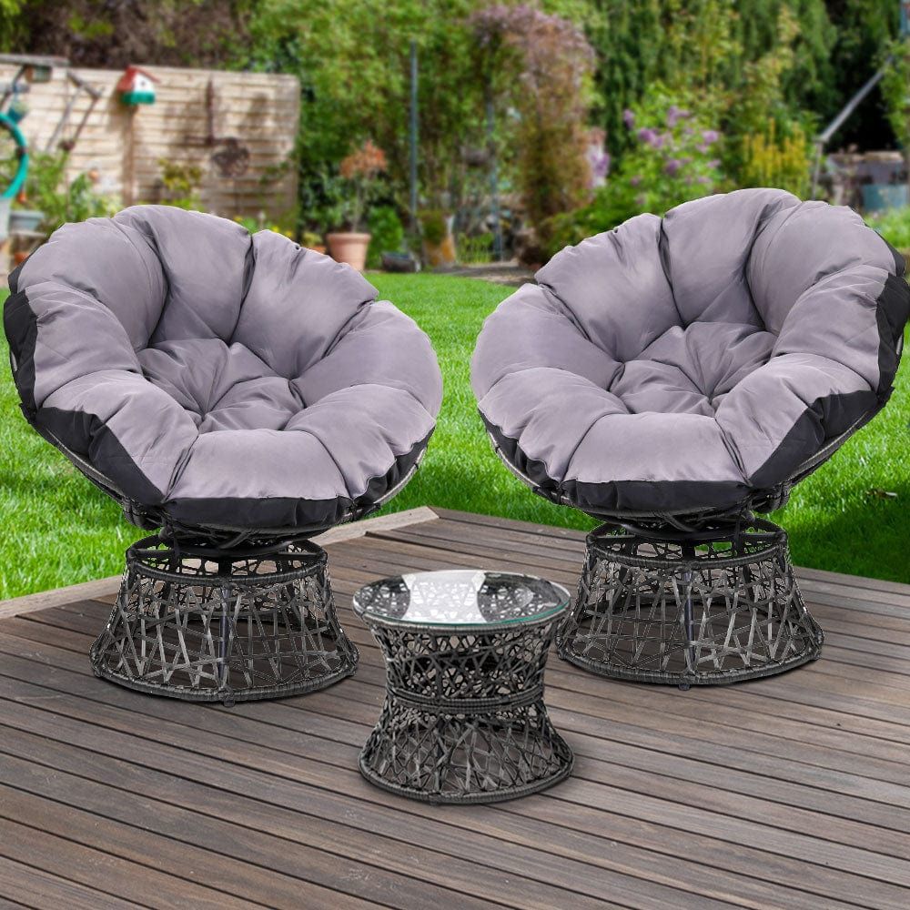 Gardeon Outdoor Patio Furniture Set - 2 Wicker Papasan Chairs with Table, Black Rattan Lounge Seating for Garden, Backyard & Poolside Relaxation