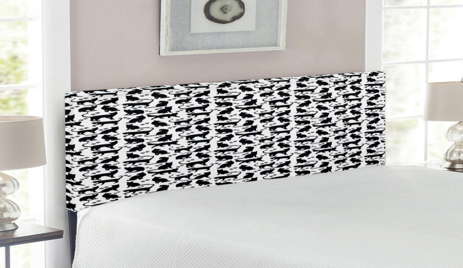 Ambesonne Queen Size Cat Headboard - Black & White Upholstered Metal Bed Frame with Memory Foam, Decorative Pet-Friendly Feline Silhouette Design | Perfect for Cat Lovers' Bedroom Decor & Cozy Pet-Themed Home Interiors