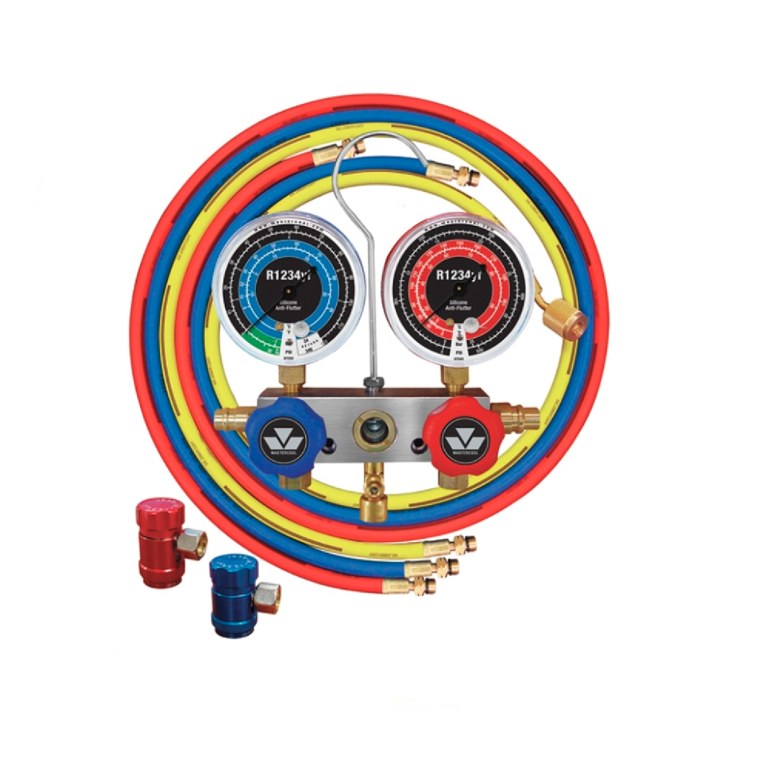 MasterCool 83272 Professional Aluminum HVAC Manifold Gauge Set - 4-Way Valve, R134a R22 R410a Compatible - Perfect for AC Repair, Refrigerant Charging & Automotive HVAC System Maintenance