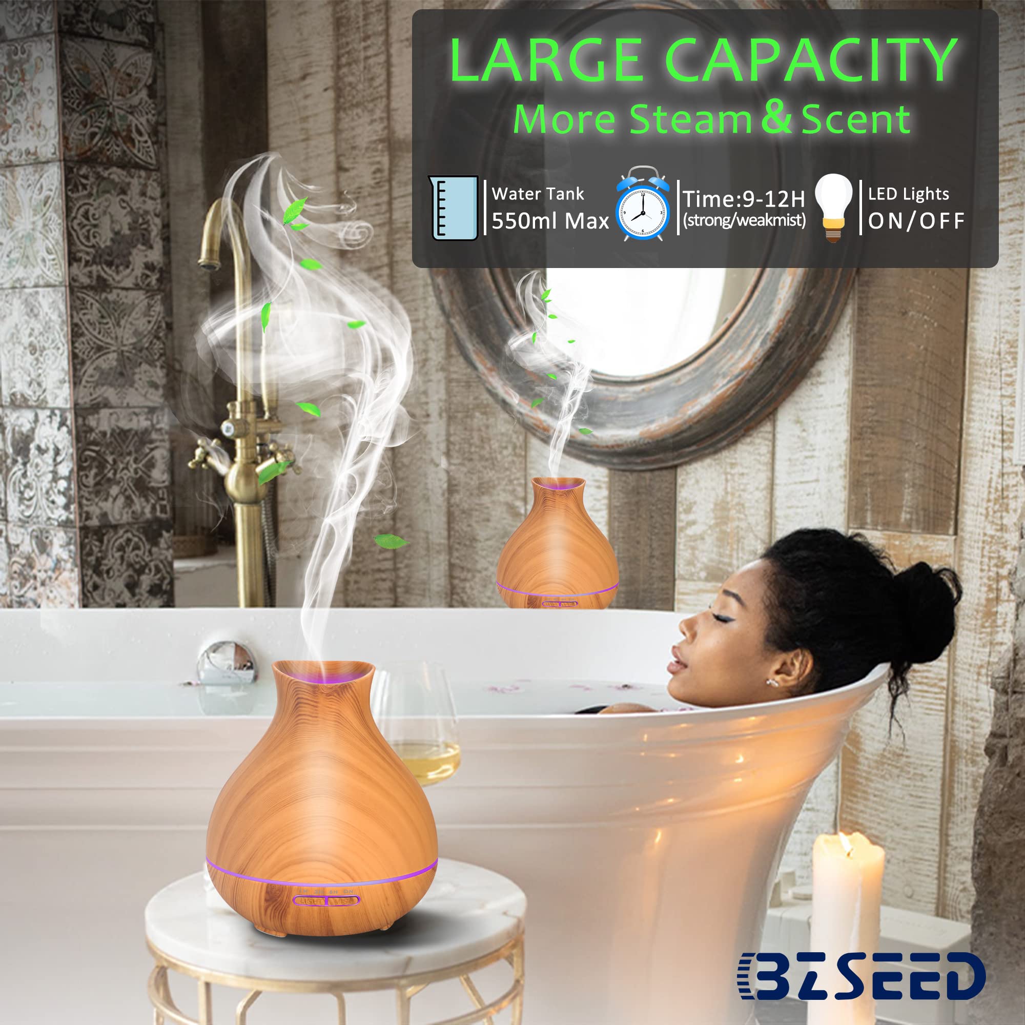BZseed 550ml Ultrasonic Aromatherapy Essential Oil Diffuser & Humidifier - 2 Pack with Auto Shut-Off, 7 Color LED Lights, Cool Mist for Large Rooms - Perfect for Home Spa, Yoga, Office Relaxation and Bedroom Aromatherapy