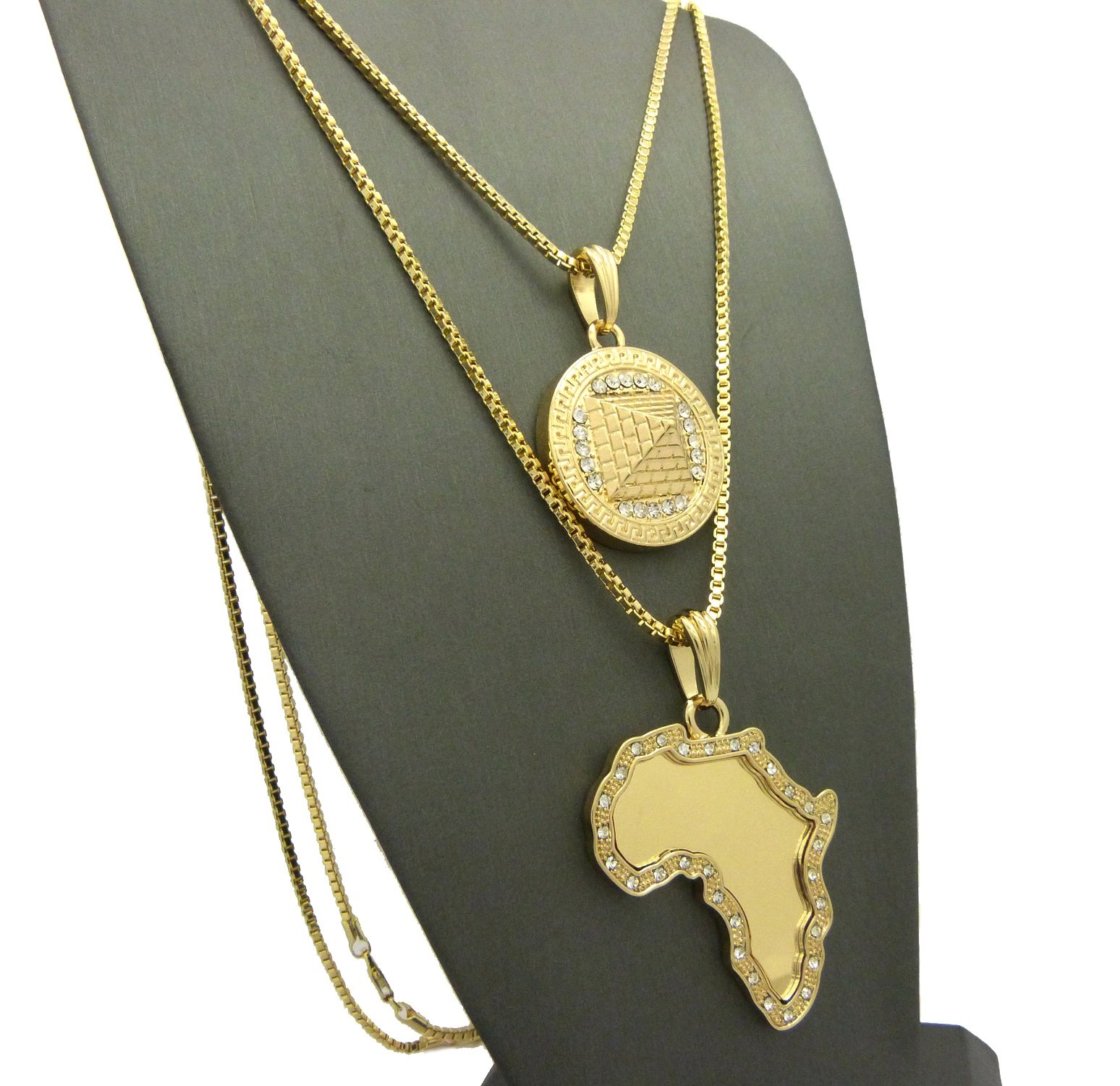 Hip Hop Iced Out Gold Plated Egyptian Africa Map & Pyramid Pendant Necklace Set with 20