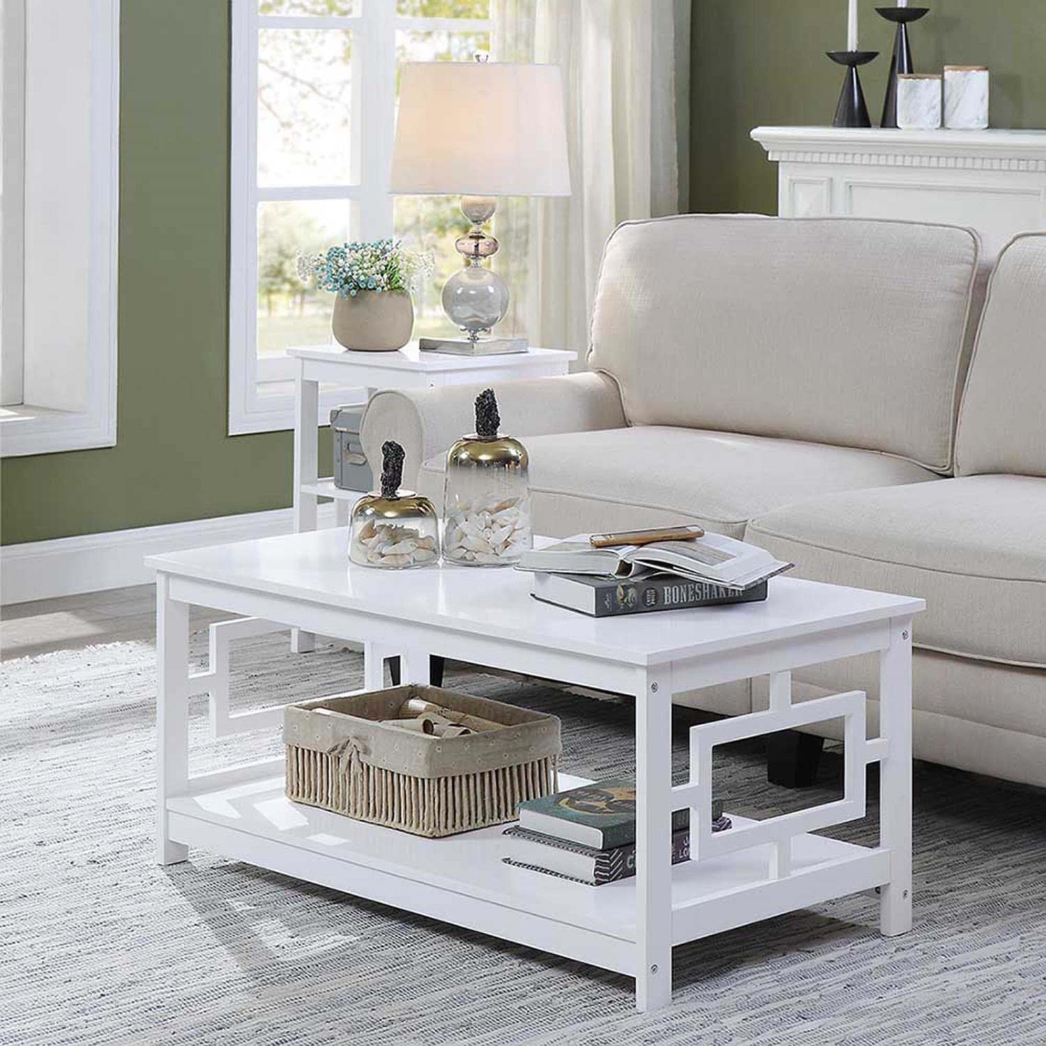 Modern White Town Square Coffee Table with Shelf - Stylish Living Room Center Table for Home Decor & Storage