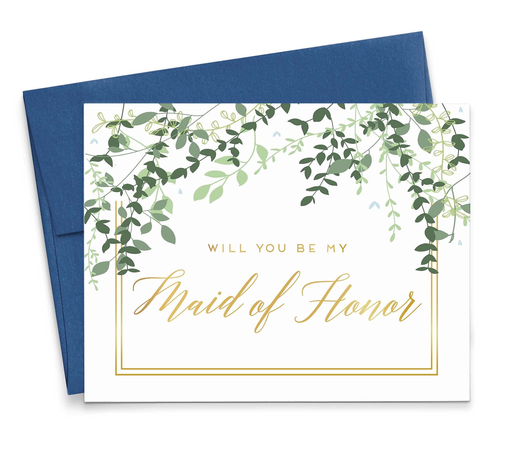 Elegant Greenery 'Will You Be My Maid of Honor?' Proposal Card - Gold Foil Bridal Party Ask Cards with Envelope Options - Perfect for Wedding Party Invitations & Bridesmaid Proposals