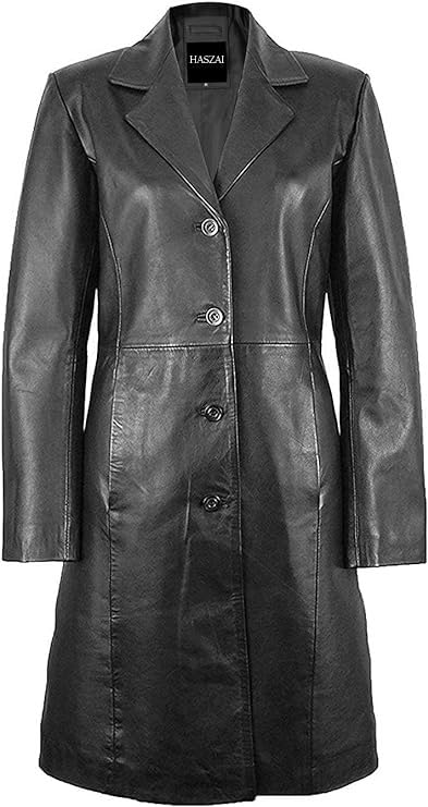 Premium Black Lambskin Leather Trench Coat for Women - Elegant Long Winter Jacket with Belt | Formal Office Wear & Evening Outerwear