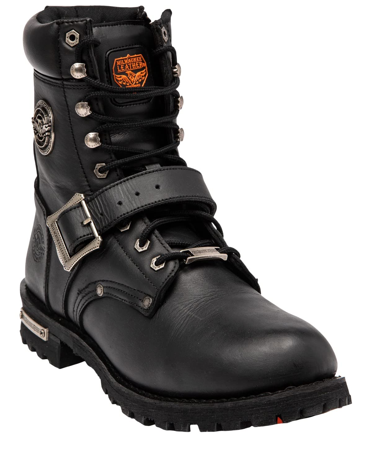 Milwaukee Leather Men's Buckled Lace-Up Work Boots - Round Toe Black Size 8 | Durable & Comfortable for Construction, Outdoor & Casual Wear