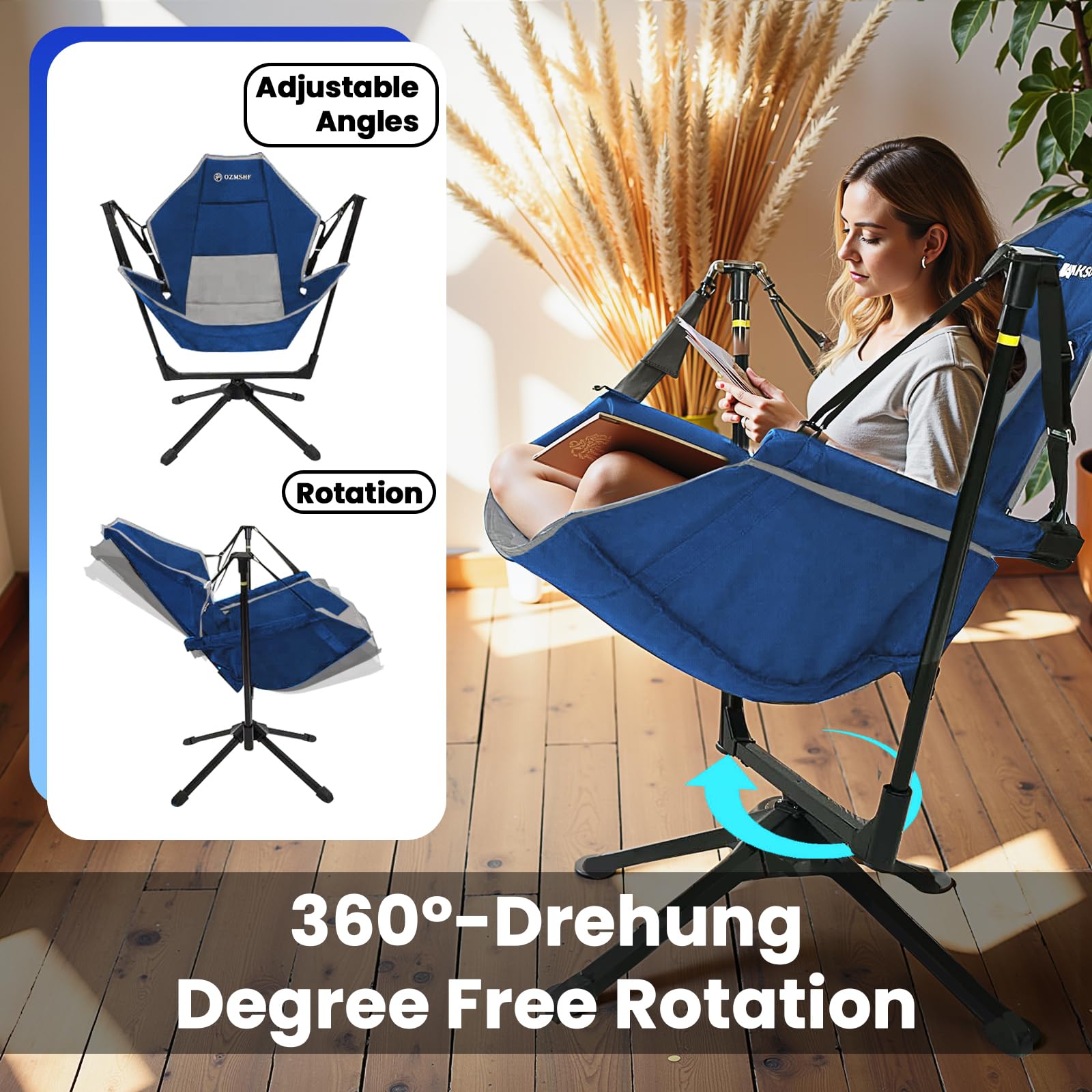 360 Degree Swivel Camping Chair - Portable Hammock Chair with Adjustable Backrest, Lightweight Aluminum Alloy Folding Rocking Chair for Outdoor, Beach, Lawn & Backyard Relaxation (Blue Grey) - Perfect for Camping Trips, Picnics, Beach Days and Backyard Lounging