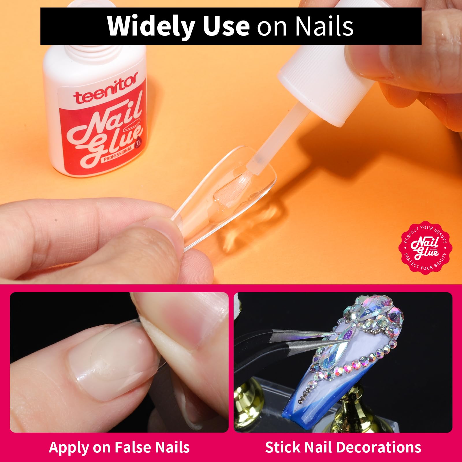 Teenitor Pink Nail Glue - 10 Pack Brush On Nail Adhesive for Press On & Acrylic Nails - Strong, Water Resistant & Fast Drying - No UV Lamp Needed - Perfect for Salon, Home Manicures & Nail Art DIY