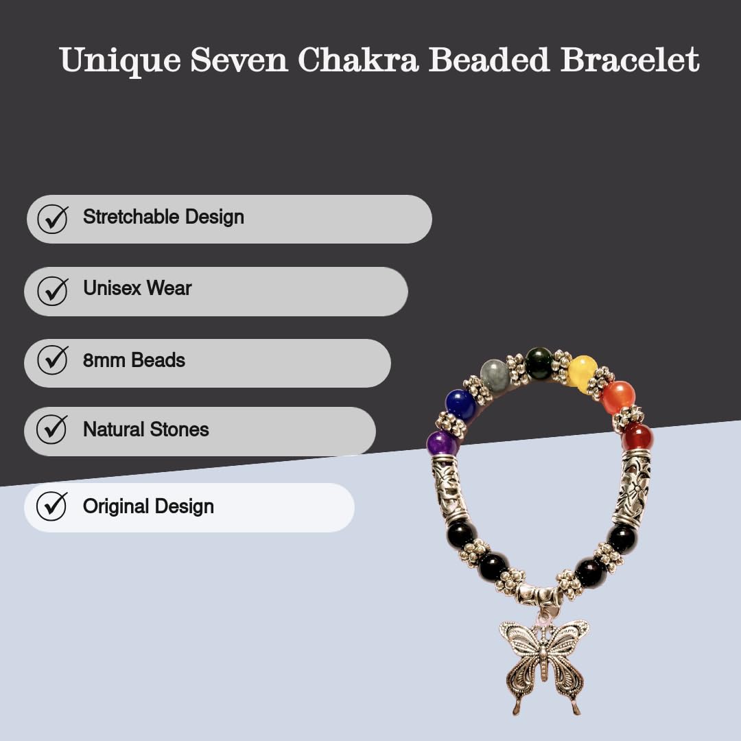 Seven Chakra Healing Agate Stone Beads Bracelet with Butterfly Charm - Spiritual Holistic Gemstone Jewelry for Women | Meditation, Yoga, Energy Balancing & Positive Vibes
