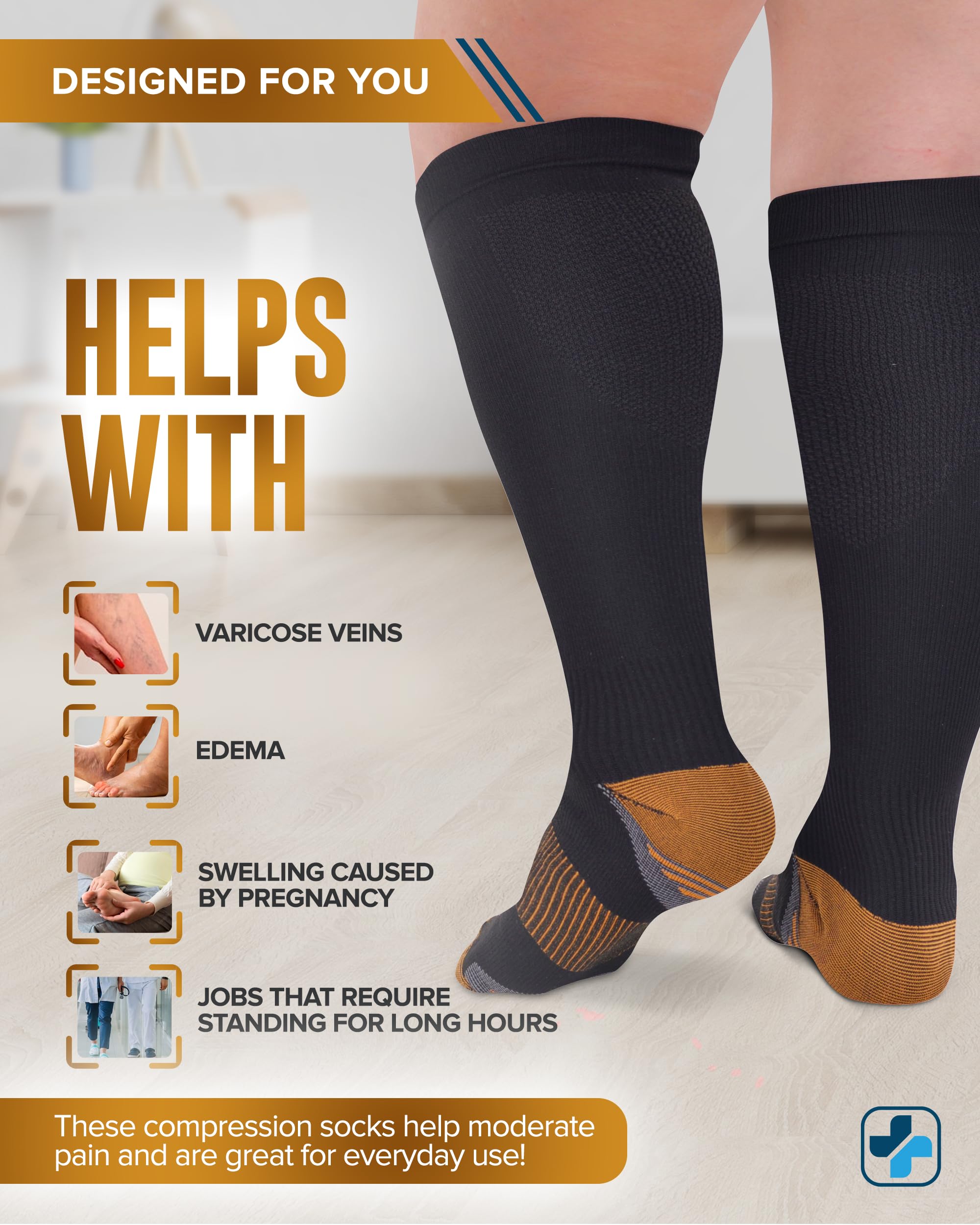Doctor's Select Copper Plus Size Compression Socks for Women & Men - 20-30mmHg Wide Calf Support Socks (2 Pairs, Black) - Relieves Swelling, Varicose Veins & Improves Circulation - Perfect for Travel, Nursing, Running & Recovery
