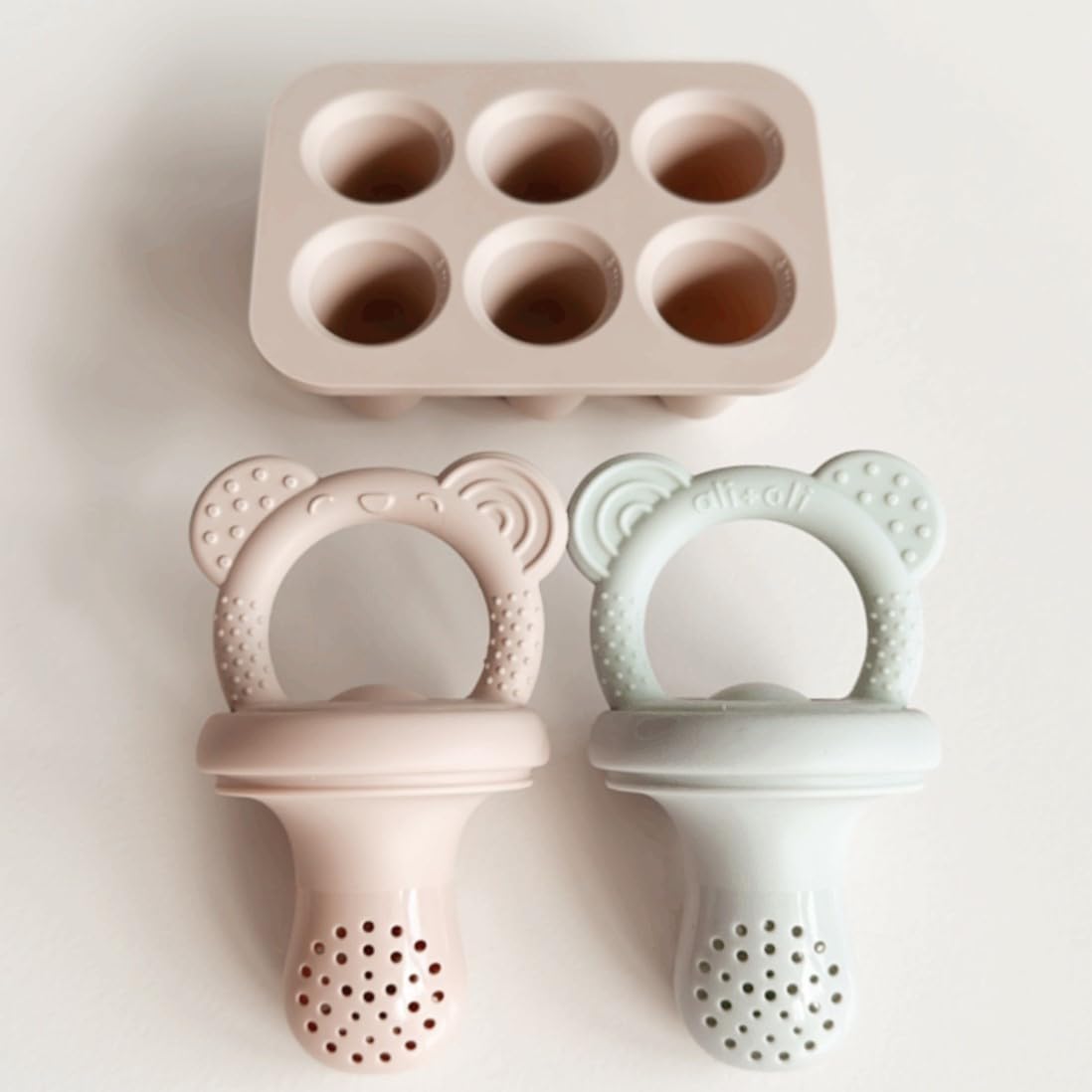 Ali+Oli (3-Pc) BPA-Free Food-Grade Silicone Baby Fruit Feeder & Teether Set with Freezer Tray - Mist Taupe | Infant & Toddler Soothing Pacifier for Fresh Fruits, Breastmilk & Teething Relief | Perfect for On-the-Go Feeding & Pain Relief