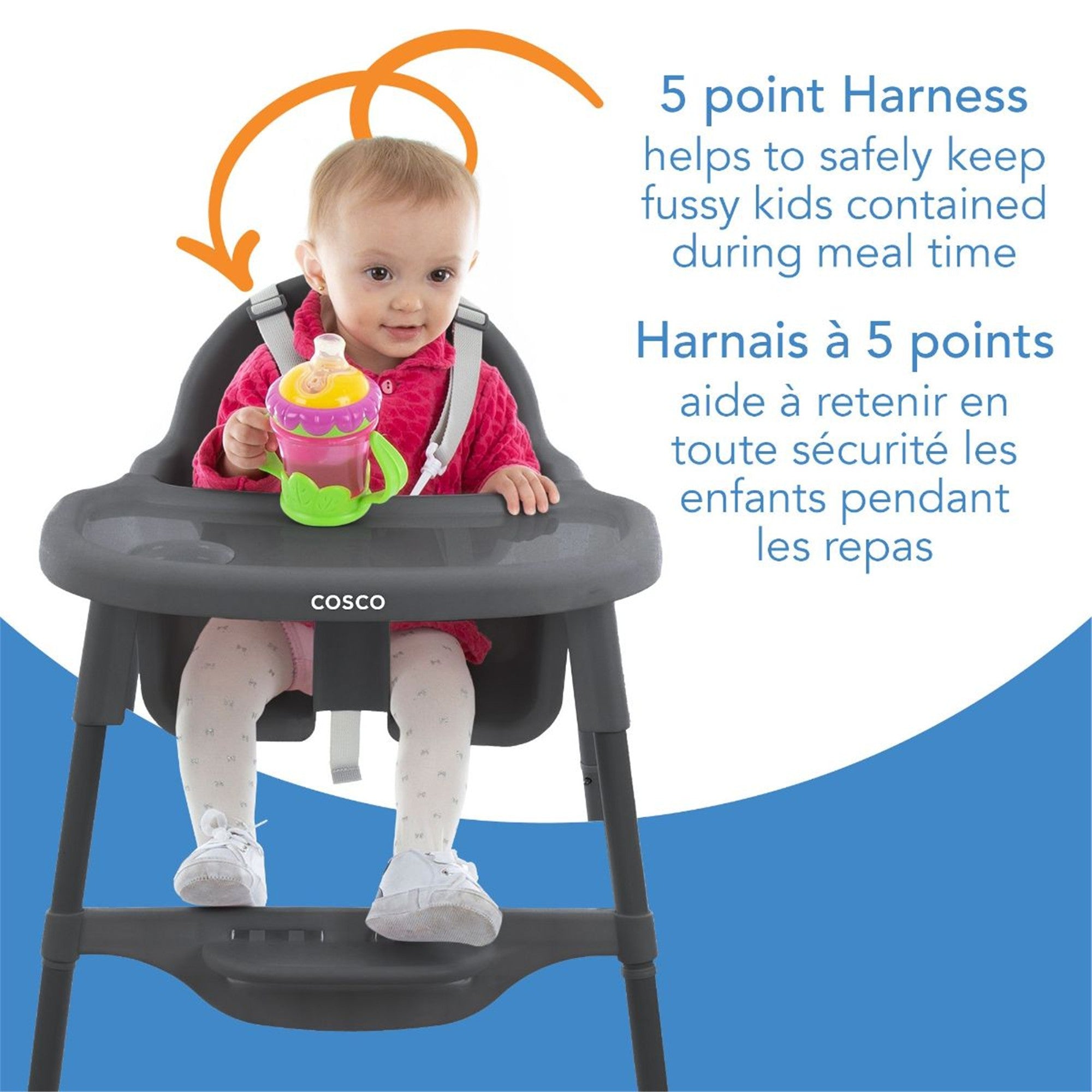 Cosco Canteen Highchair with Adjustable Footrest - Grey Baby Feeding Chair for Toddlers - Perfect for Dining, Kitchen & Restaurant Use