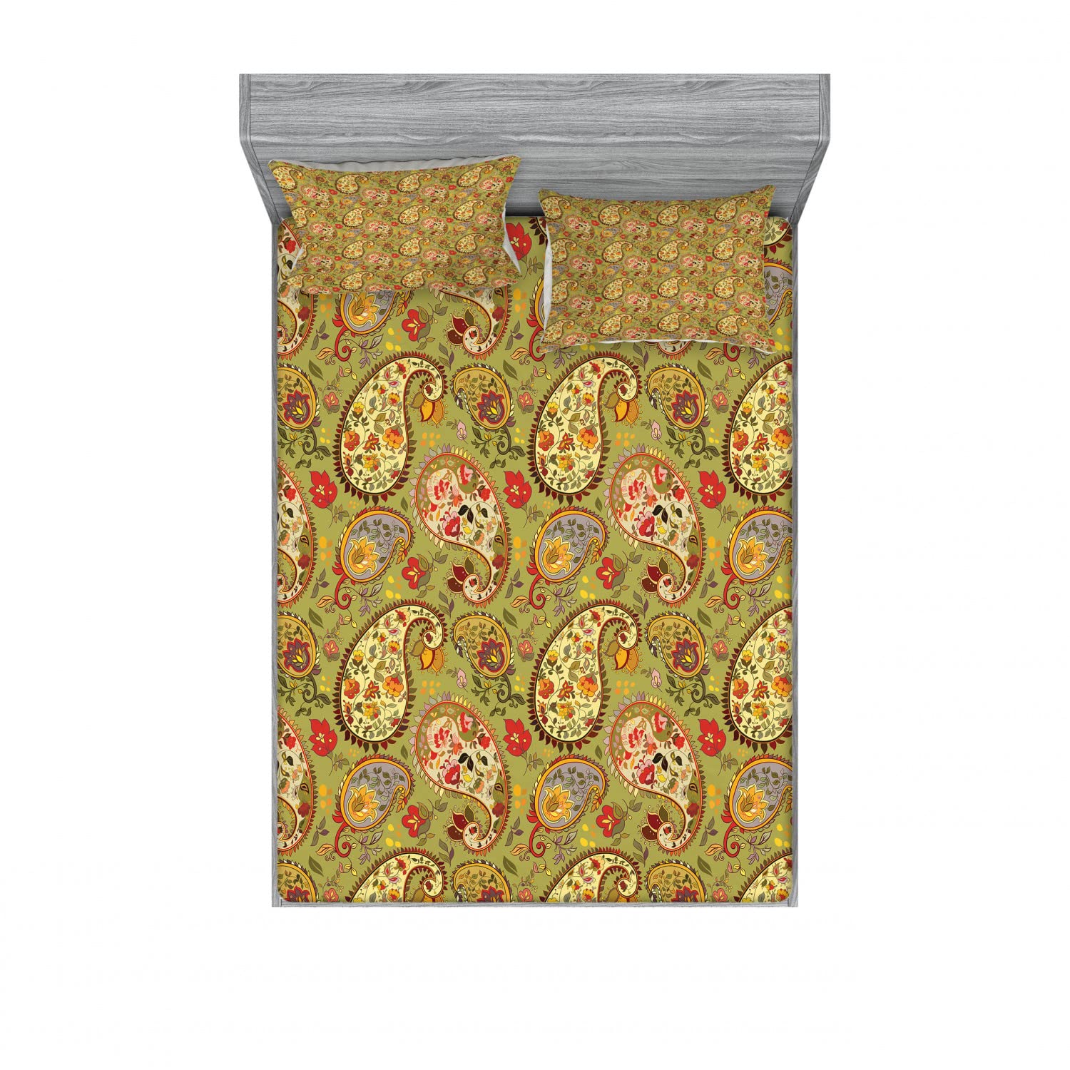 Ambesonne Paisley Fitted Sheet & Pillow Sham Set - Queen Size 6-Piece Bedding Set with Colorful Eastern Oriental Persian Inspired Pattern on Green Backdrop | Elegant Printed Home Decor for Master Bedroom, Guest Room & Dorm