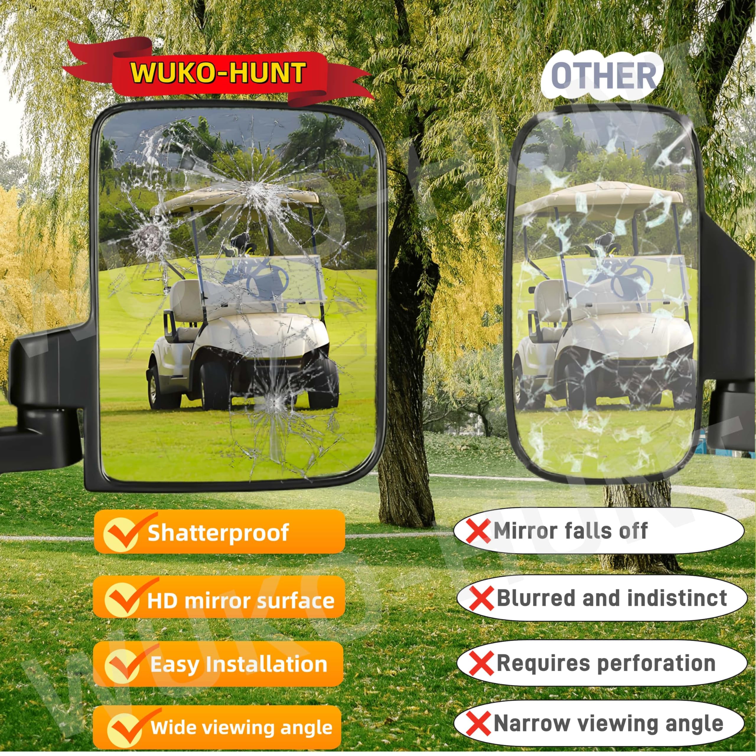 WUKO HUNT Golf Cart Mirrors (2025 Upgrade) - No Drill Side Mirrors for Club Car, EZGO & Yamaha Golf Carts - 180° Adjustable Folding Rear View Mirrors with Shatterproof HD Glass - Perfect for Golf Courses, Resorts & Gated Communities