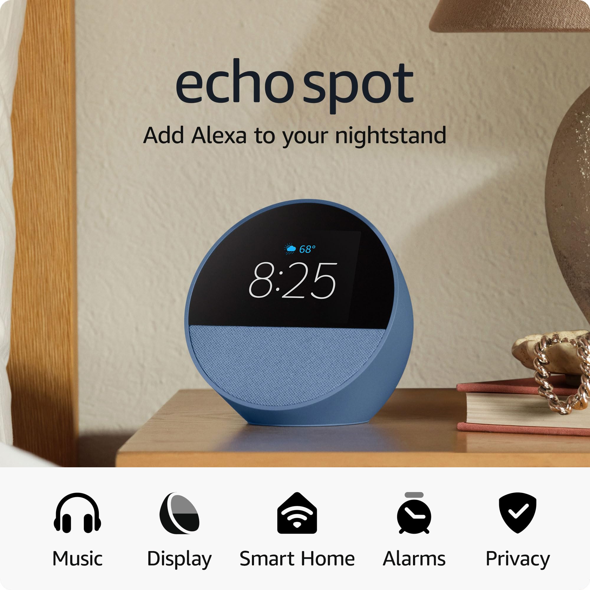Amazon Echo Spot (Latest Model) - Smart Alarm Clock with Alexa, Ocean Blue | Perfect for Nightstands, Offices & Kitchens | Voice Control, Weather Updates, Music Streaming & More
