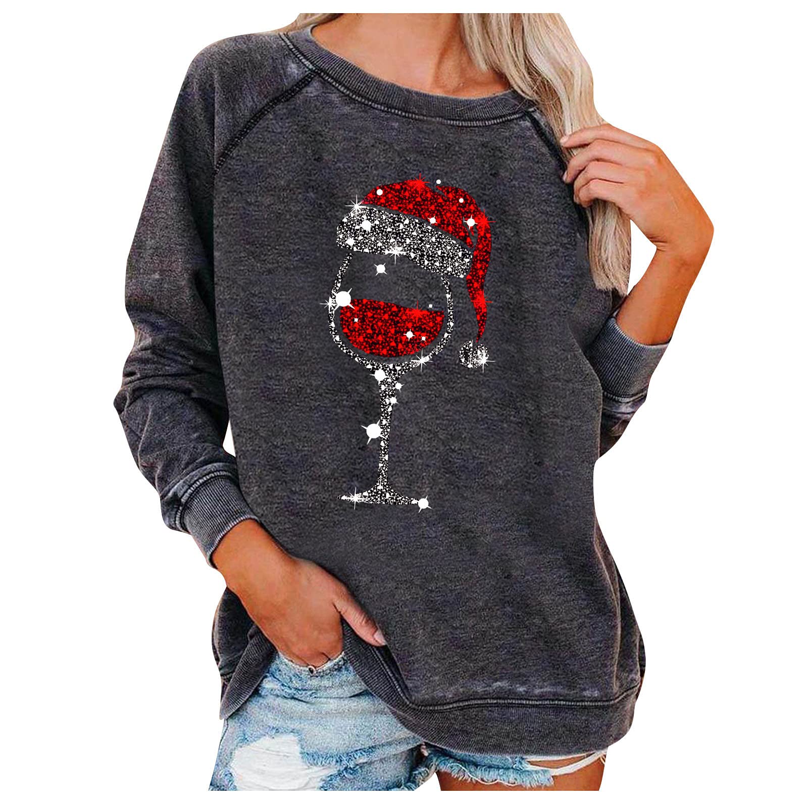 Ussuma Women's Christmas Pullover Sweatshirt - Wine Glass Printed Long Sleeve Top - Lightweight Holiday Sweater for Women - Perfect Gift for Christmas Parties & Cozy Winter Nights