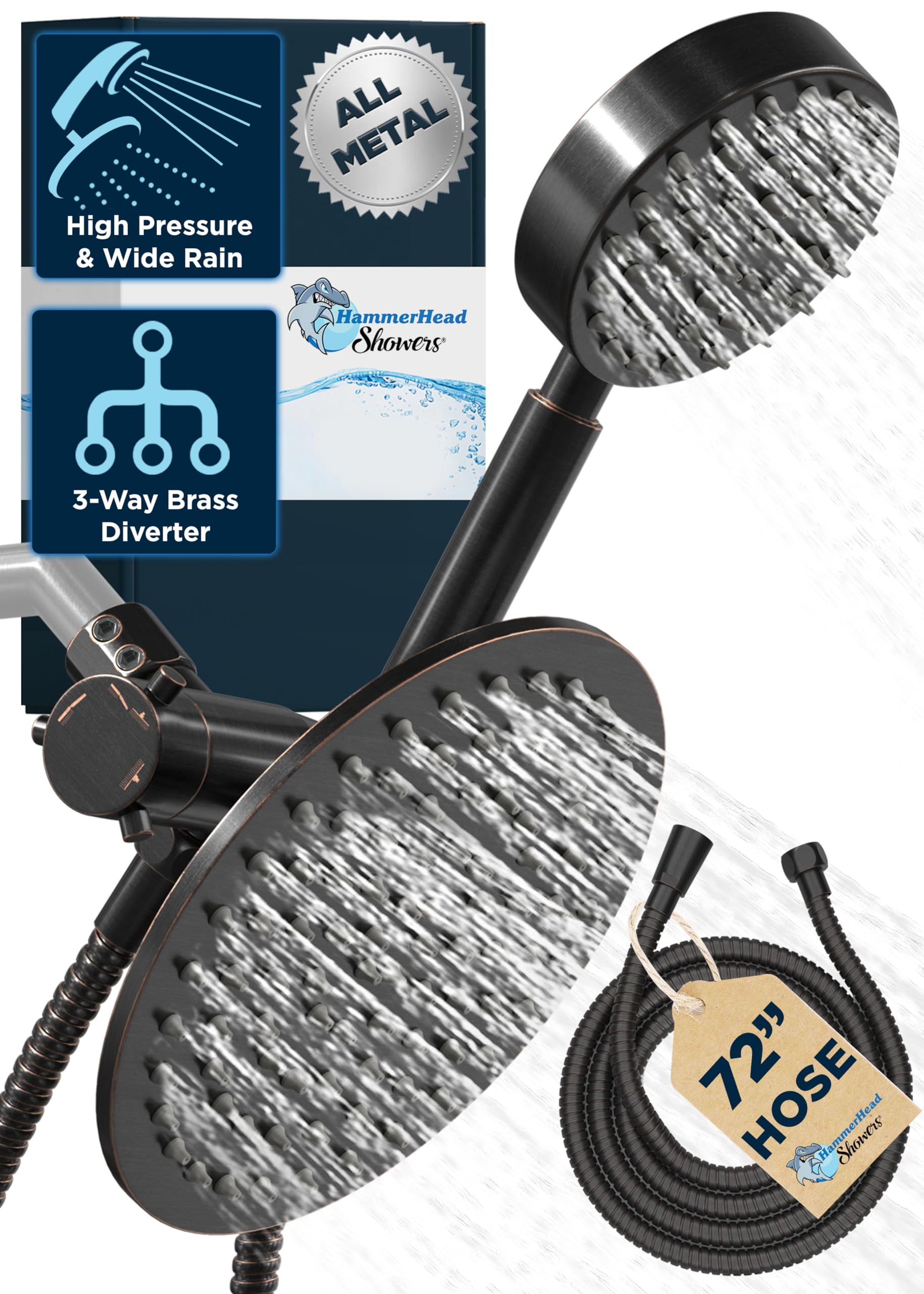 HammerHead Showers® ALL METAL Dual Shower Head Combo - Oil Rubbed Bronze Finish - 8 Inch Rainfall Shower Head & High Pressure Handheld Shower with 6ft Hose - Luxury Hotel Style Bathroom Upgrade for Spa-Like Experience
