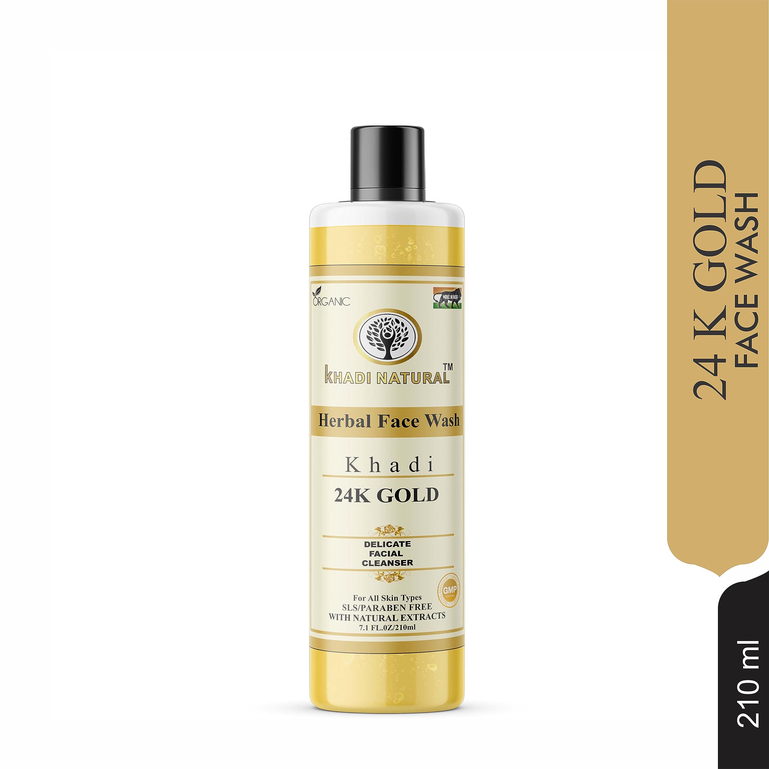 Khadi Natural 24K Gold Facial Cleanser 210ml - Anti-Aging & Brightening Face Wash with Pure Gold - Perfect for Daily Skincare Routine & Glowing Skin