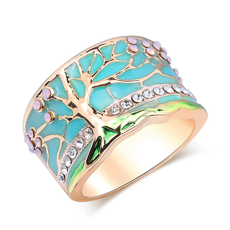 Gold Pink Opal Green Enamel Wide Flower Tree Ring for Women - Vintage Crystal Jewelry for Party, Wedding & Special Occasions