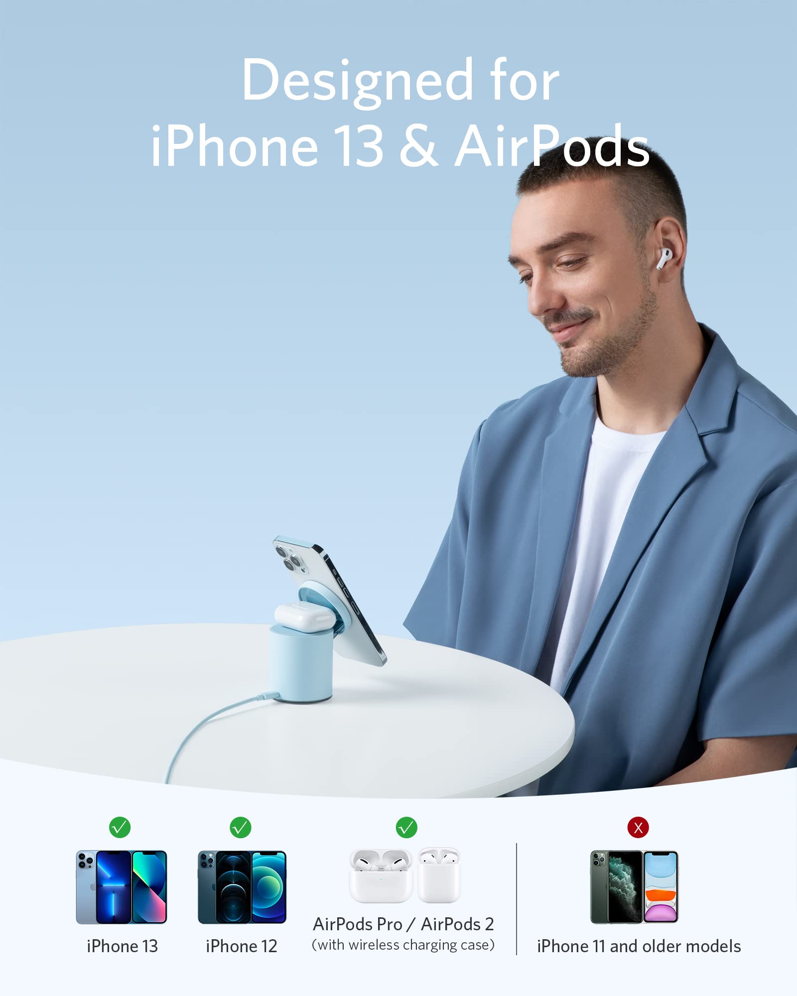 Anker 623 MagGo Magnetic Wireless Charging Station - 2-in-1 20W USB-C Fast Charger for iPhone 13/12 Series & AirPods Pro | Portable Desktop Charging Solution for Home, Office & Travel (Misty Blue)