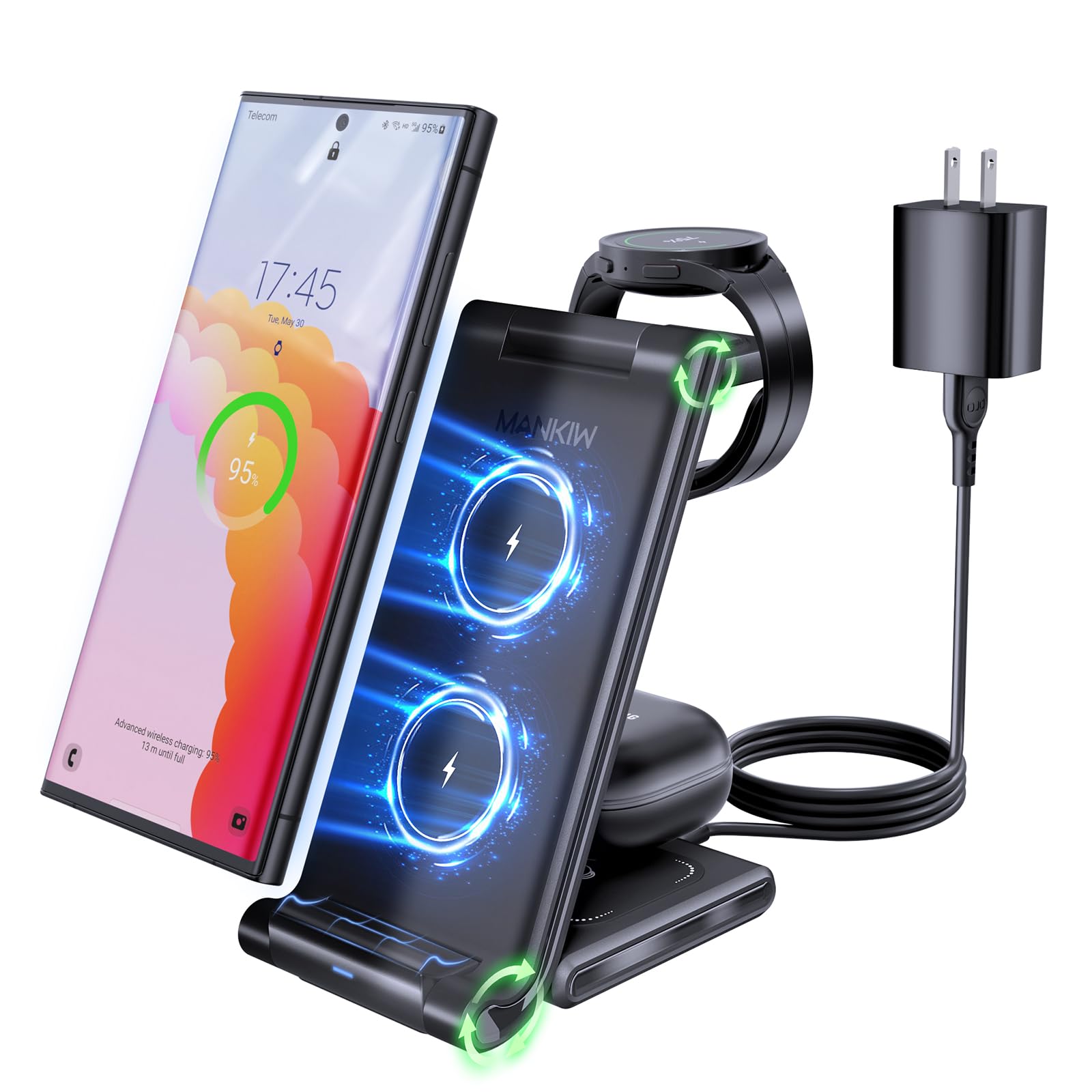 MANKIW Foldable 3-in-1 Wireless Charging Station for Samsung Galaxy S24/S23/S22/S20 Ultra, Z Flip/Fold 5/4/3, Watch 6/5/4/3 & Buds - Fast Qi Charger for Home, Office & Travel