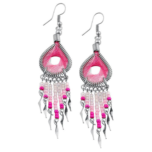 Stainless Steel Peruvian Pink Silk Thread Beaded Dangle Earrings for Women - Handmade Boho Chic Jewelry for Parties, Weddings & Everyday Wear