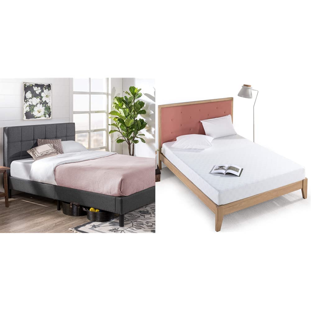Zinus Lottie Upholstered Platform Bed Frame with 8 Inch Gel-Infused Green Tea Memory Foam Mattress - Twin Size, Grey | Cooling Gel Foam, Pressure Relieving, CertiPUR-US Certified | Perfect for Small Bedrooms, Guest Rooms & Dorm Rooms