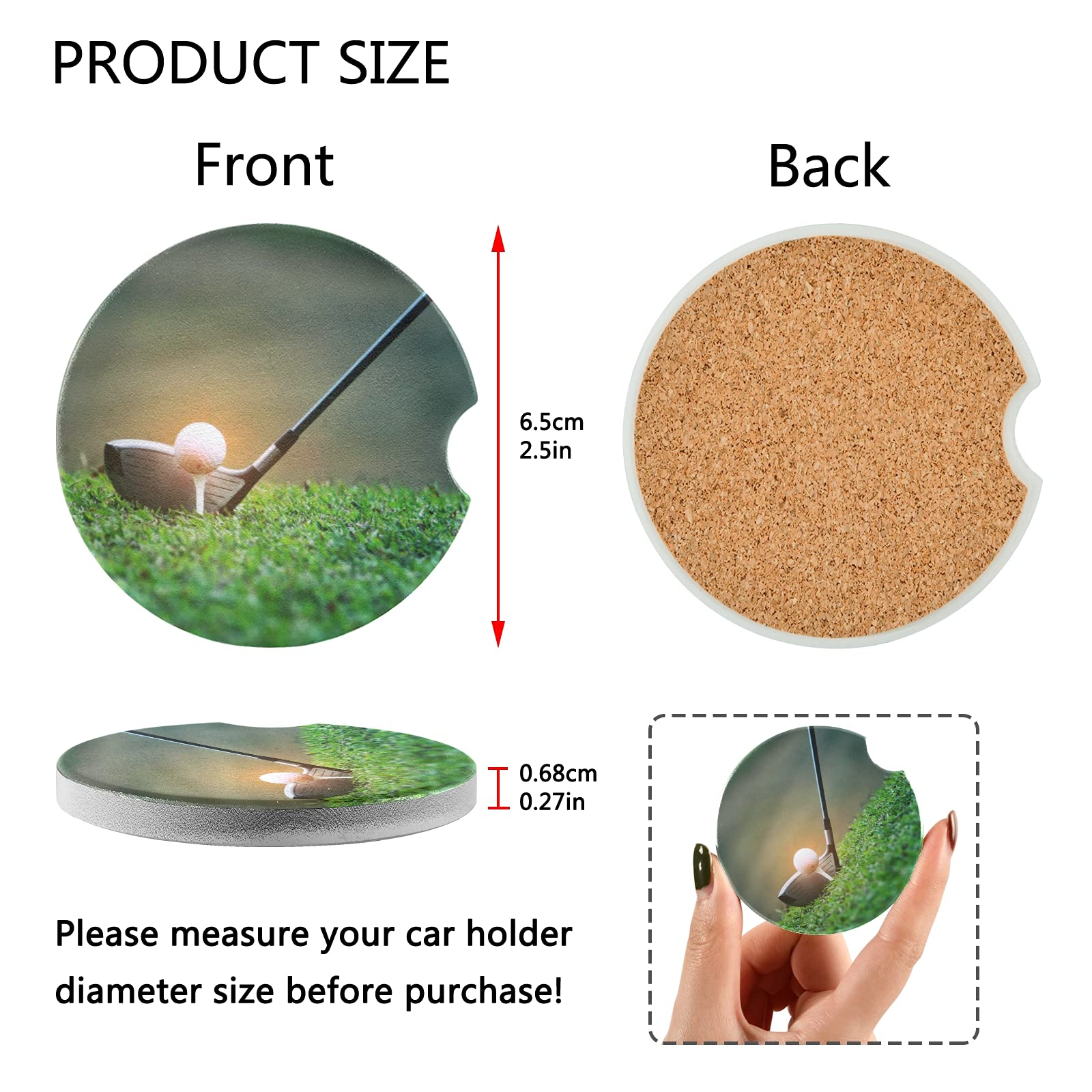 2 Pack Absorbent Ceramic Car Coasters - Golf Ball Art Design Drink Coasters for Cup Holders | Durable & Stylish Car Accessories for Men & Women (2.56in) - Perfect for Road Trips, Commuting & Office Use