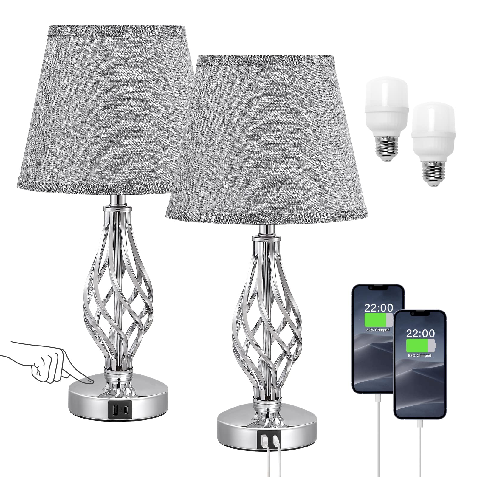 Set of 2 Touch Control Table Lamps with USB-C Ports & Dimmable Lighting - Spiral Cage Base Nightstand Lamps for Bedroom, Living Room & Office | Perfect for Reading, Working & Creating Cozy Ambience